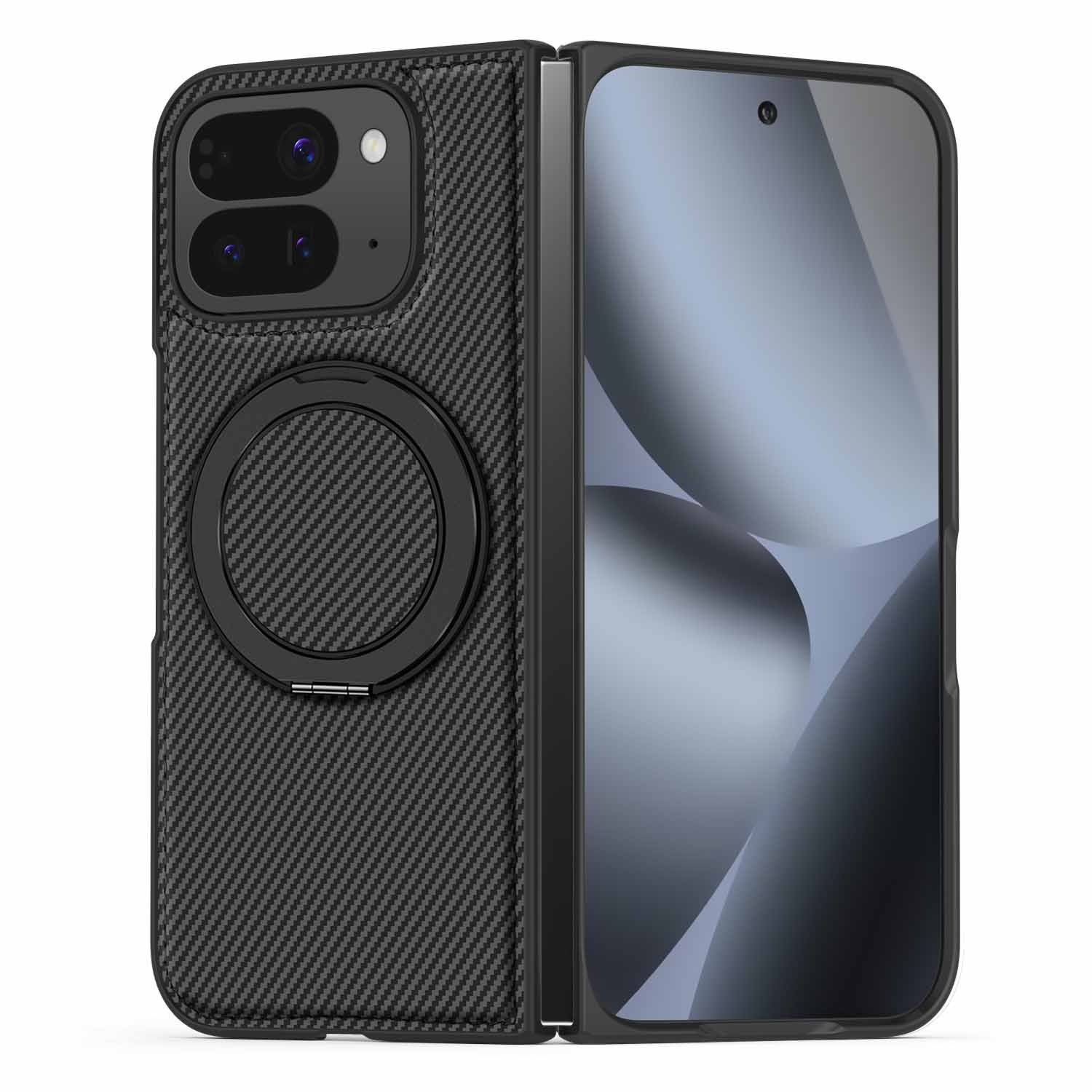 Compatible with Google Pixel 10 Pro Fold phone case, magnetic rotating stand, 9Fold carbon fiber leather textured protective case