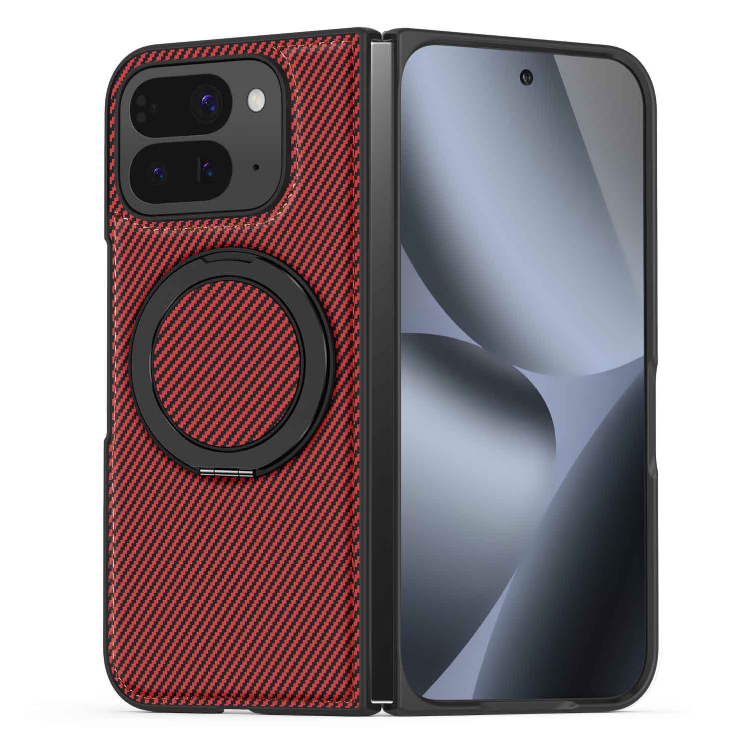 Compatible with Google Pixel 10 Pro Fold phone case, magnetic rotating stand, 9Fold carbon fiber leather textured protective case