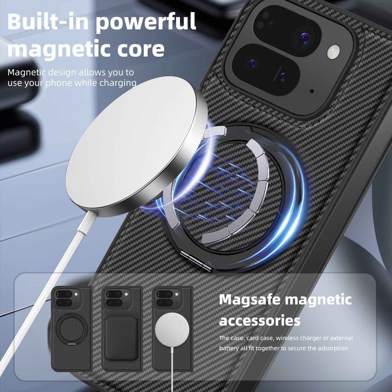 Compatible with Google Pixel 10 Pro Fold phone case, magnetic rotating stand, 9Fold carbon fiber leather textured protective case
