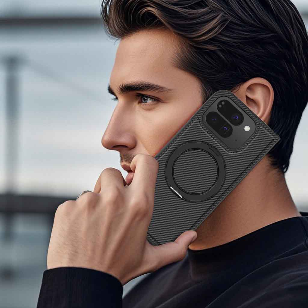 Compatible with Google Pixel 10 Pro Fold phone case, magnetic rotating stand, 9Fold carbon fiber leather textured protective case