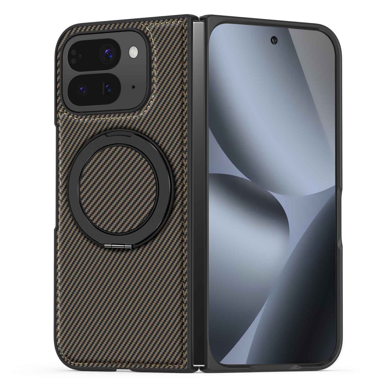 Compatible with Google Pixel 10 Pro Fold phone case, magnetic rotating stand, 9Fold carbon fiber leather textured protective case