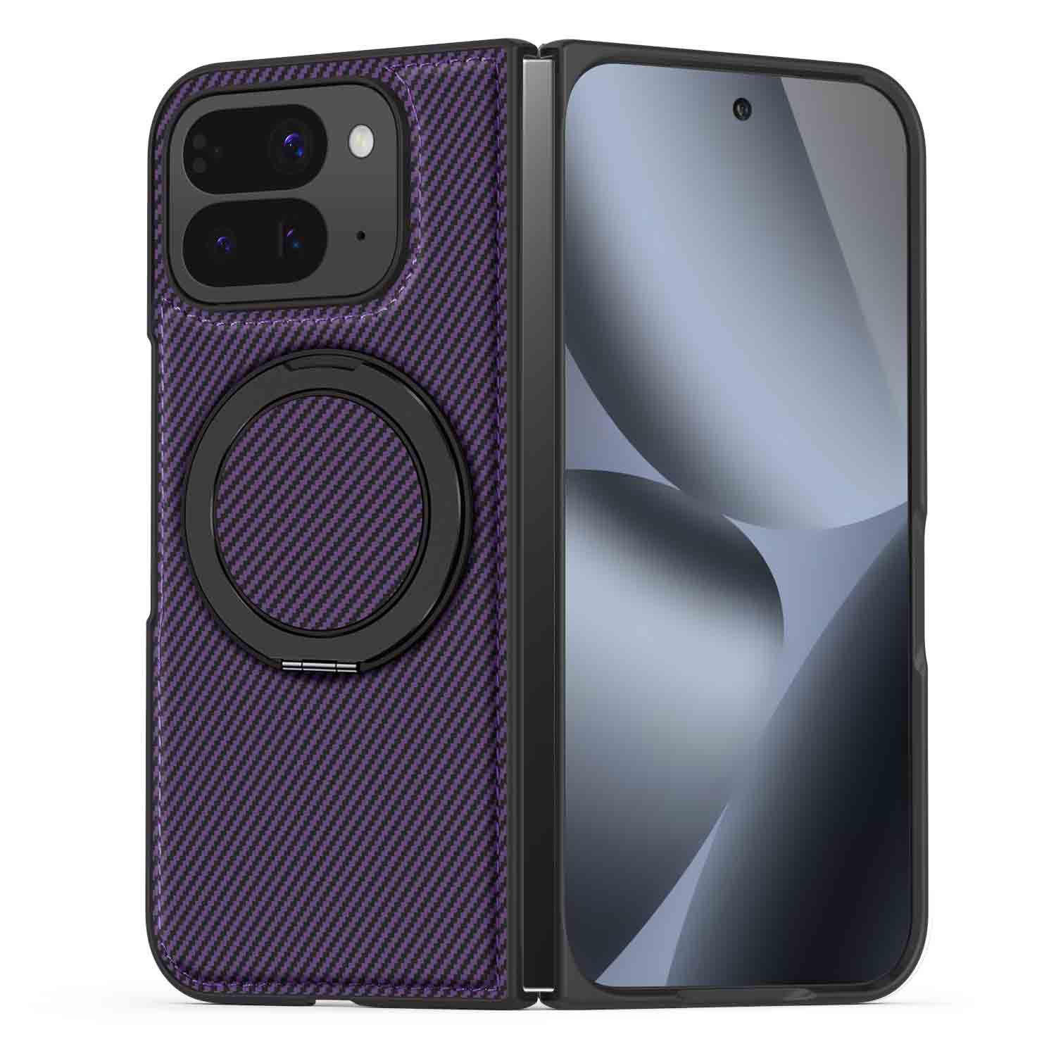 Compatible with Google Pixel 10 Pro Fold phone case, magnetic rotating stand, 9Fold carbon fiber leather textured protective case