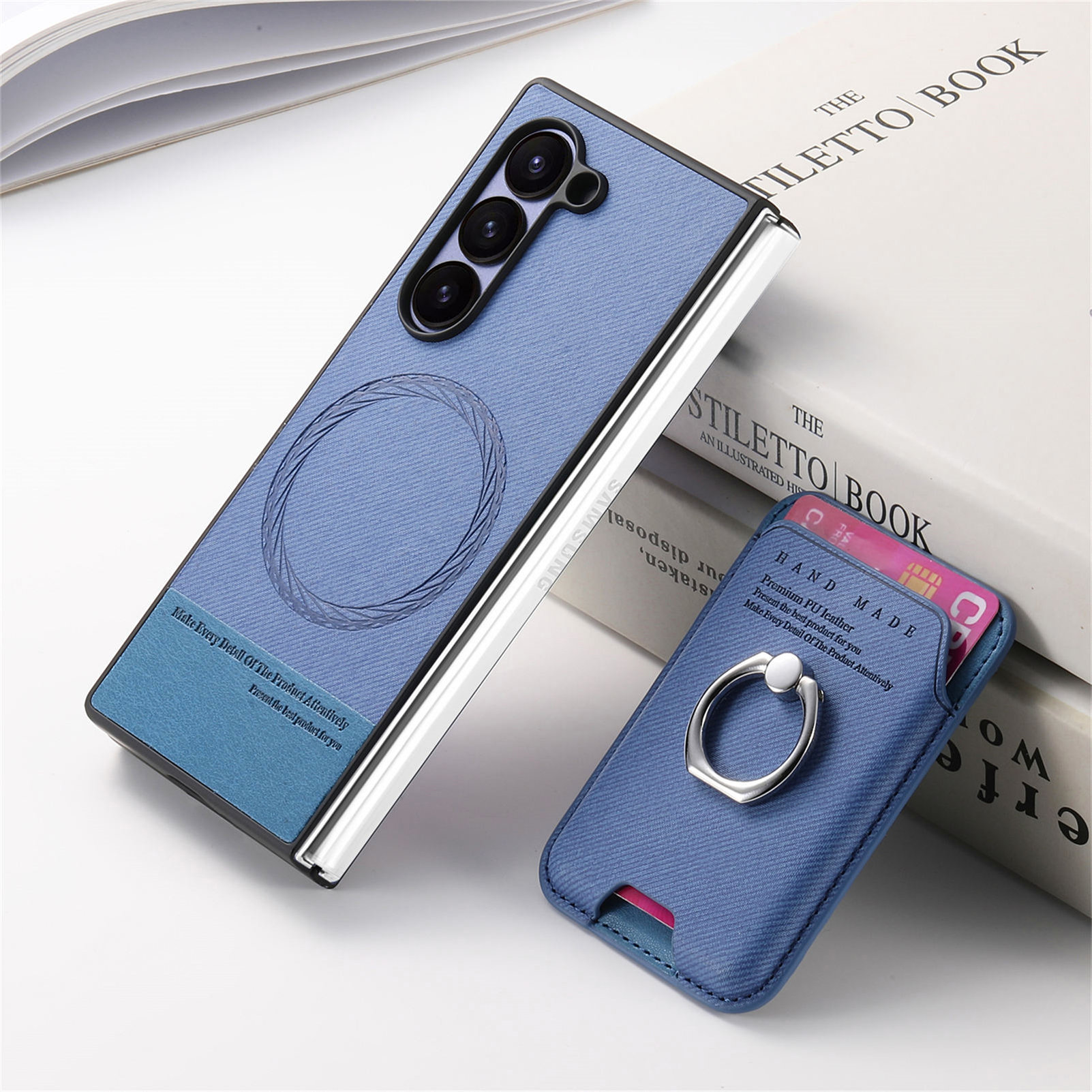 Compatible with Samsung Z Fold7/6/5 phone cases, 4/3 magnetic card holder, ring holder, and Honor V5 vegan leather protective case.