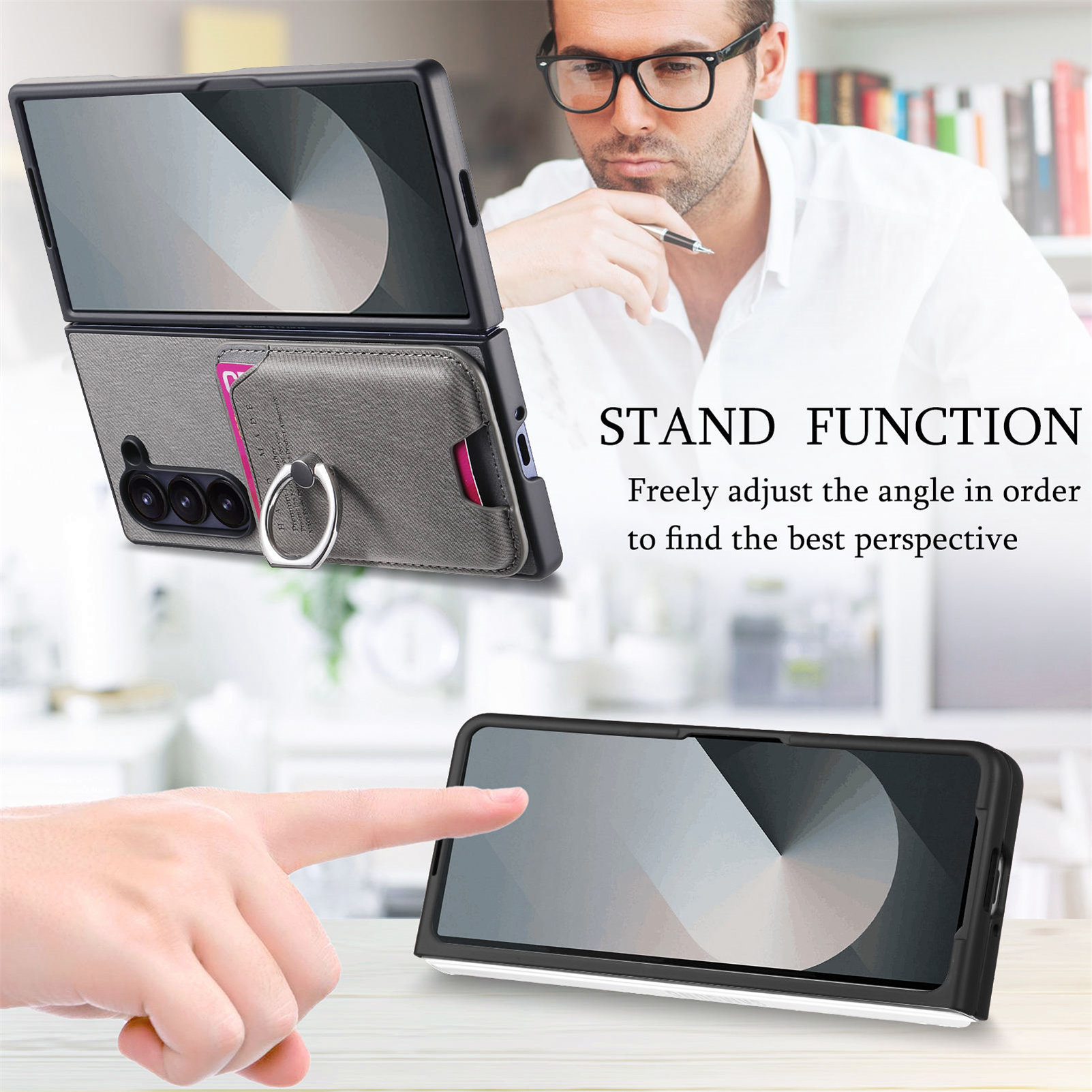 Compatible with Samsung Z Fold7/6/5 phone cases, 4/3 magnetic card holder, ring holder, and Honor V5 vegan leather protective case.