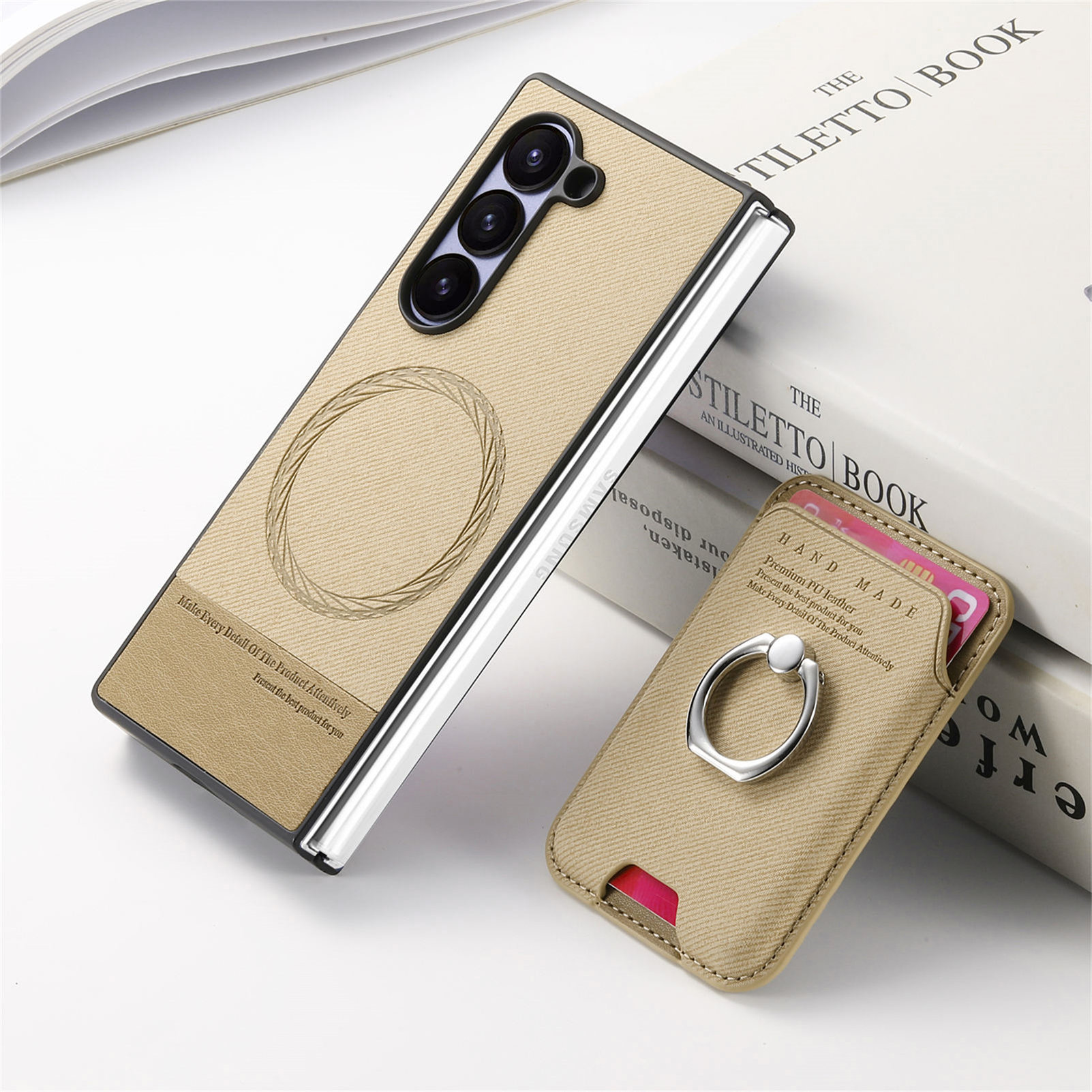 Compatible with Samsung Z Fold7/6/5 phone cases, 4/3 magnetic card holder, ring holder, and Honor V5 vegan leather protective case.