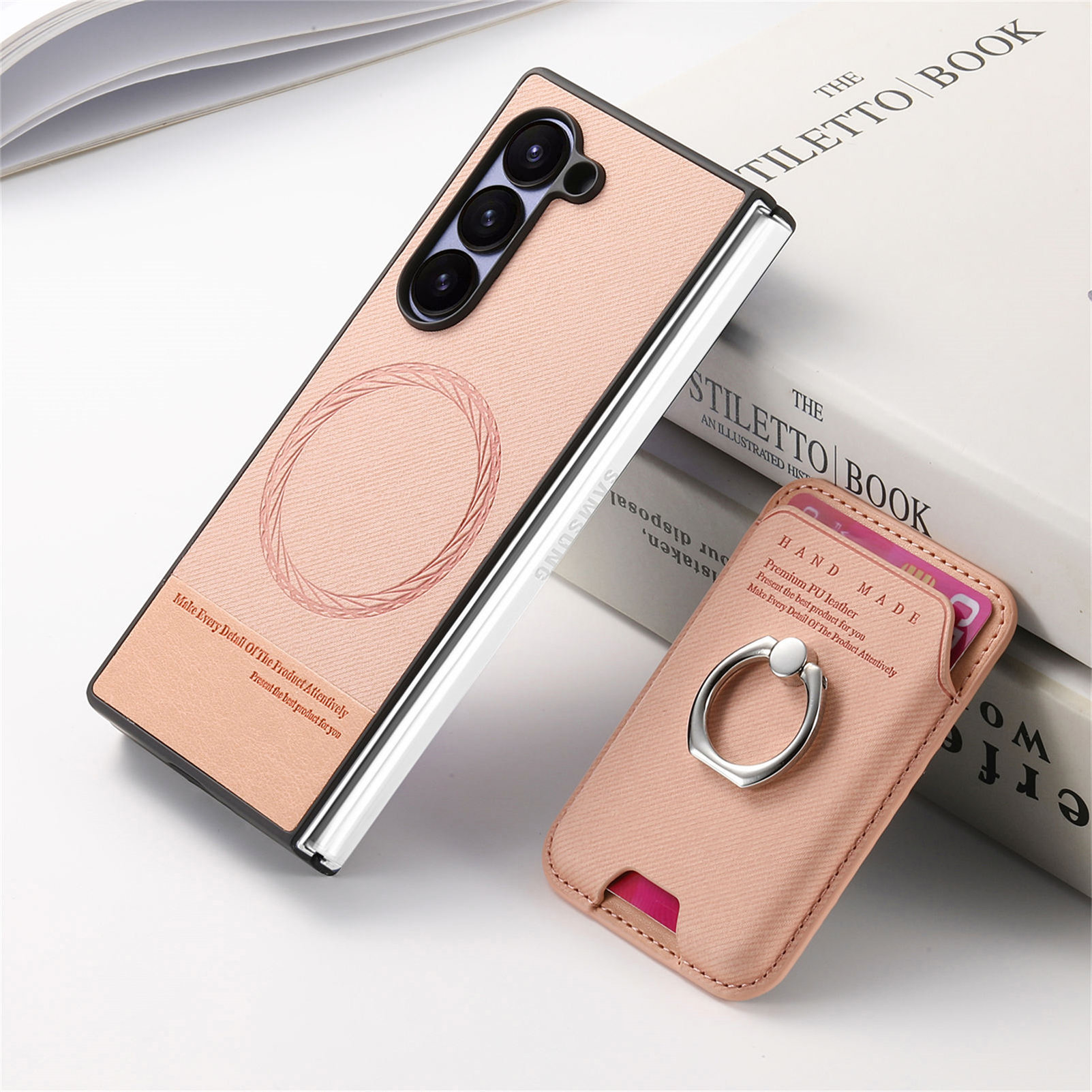 Compatible with Samsung Z Fold7/6/5 phone cases, 4/3 magnetic card holder, ring holder, and Honor V5 vegan leather protective case.