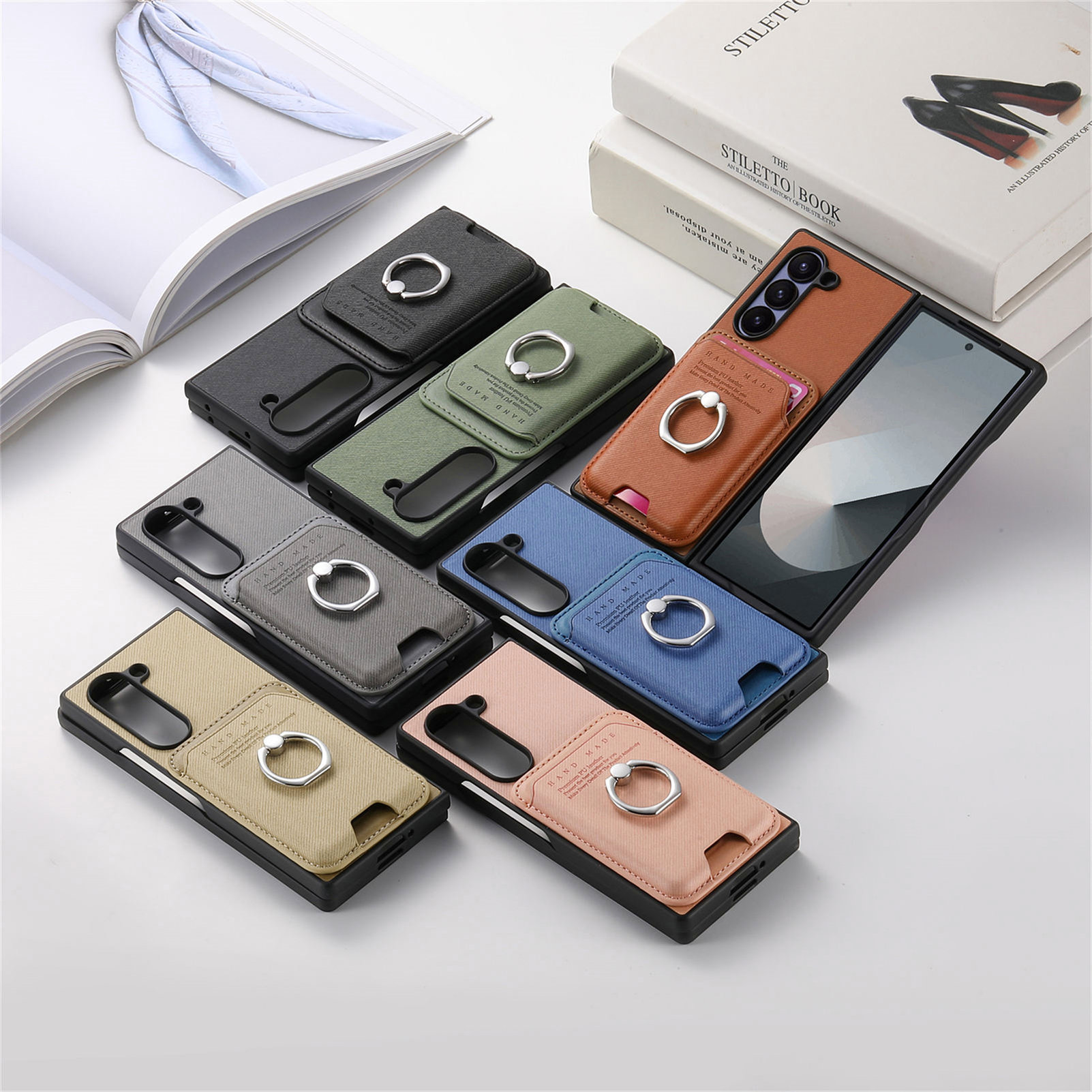 Compatible with Samsung Z Fold7/6/5 phone cases, 4/3 magnetic card holder, ring holder, and Honor V5 vegan leather protective case.