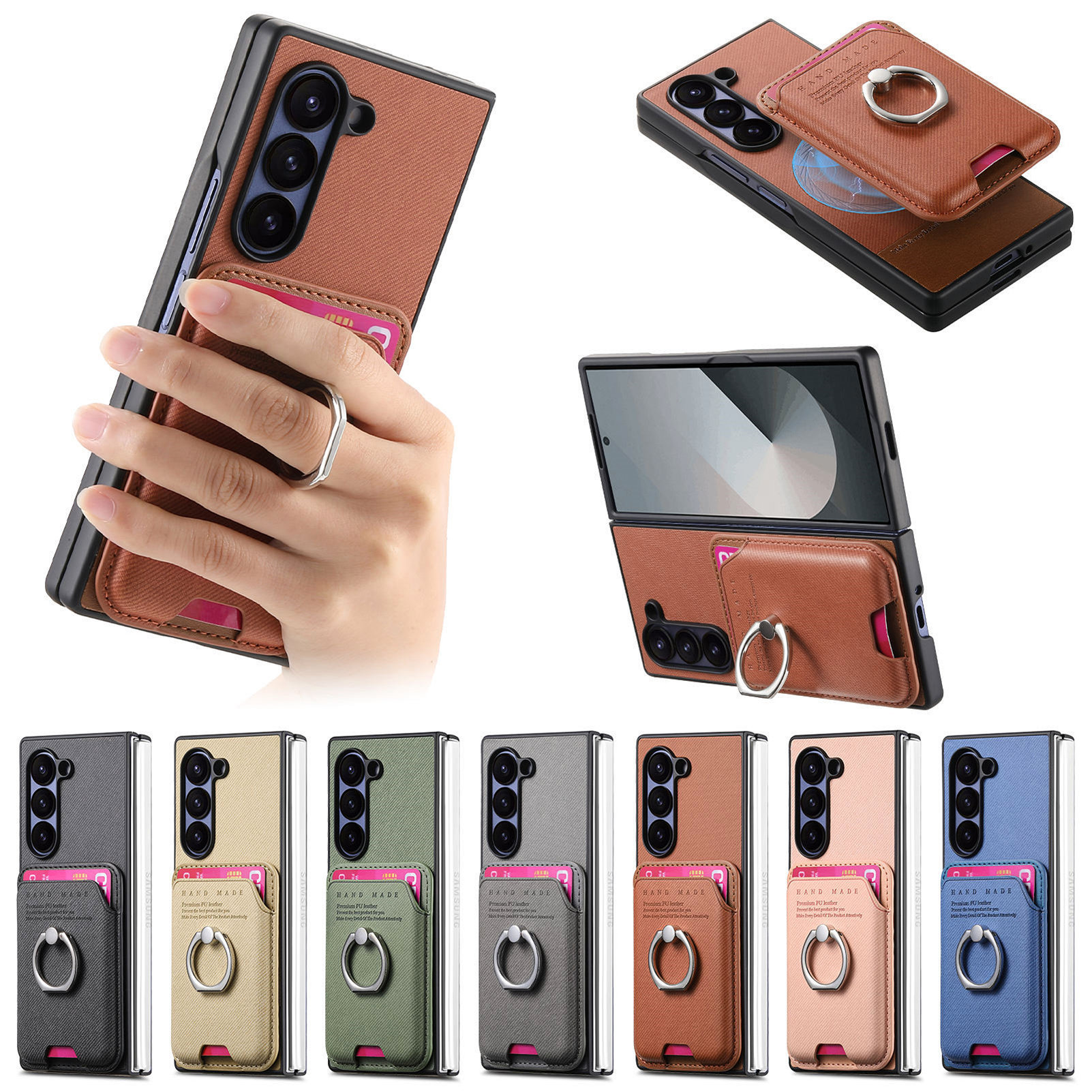 Compatible with Samsung Z Fold7/6/5 phone cases, 4/3 magnetic card holder, ring holder, and Honor V5 vegan leather protective case.