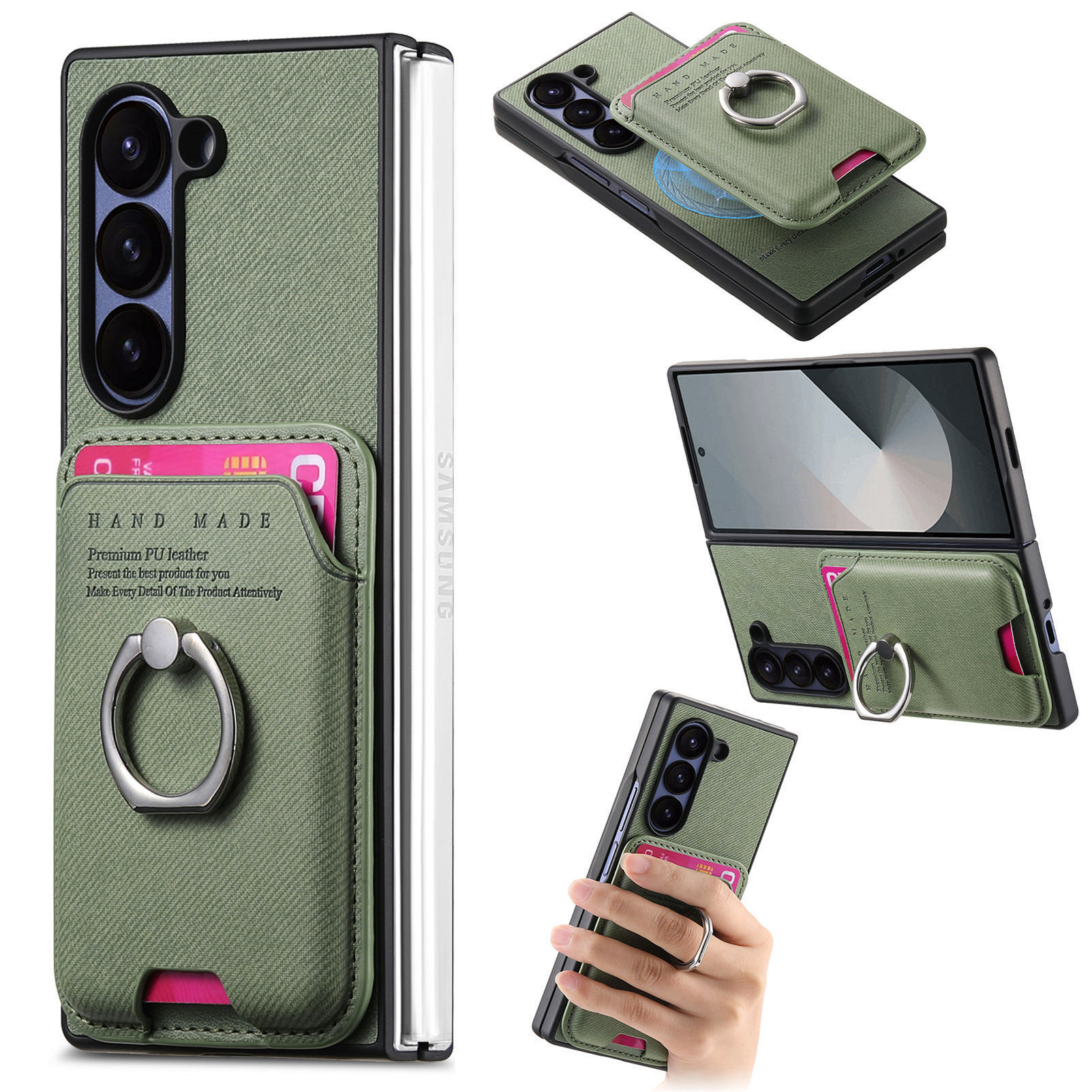 Compatible with Samsung Z Fold7/6/5 phone cases, 4/3 magnetic card holder, ring holder, and Honor V5 vegan leather protective case.