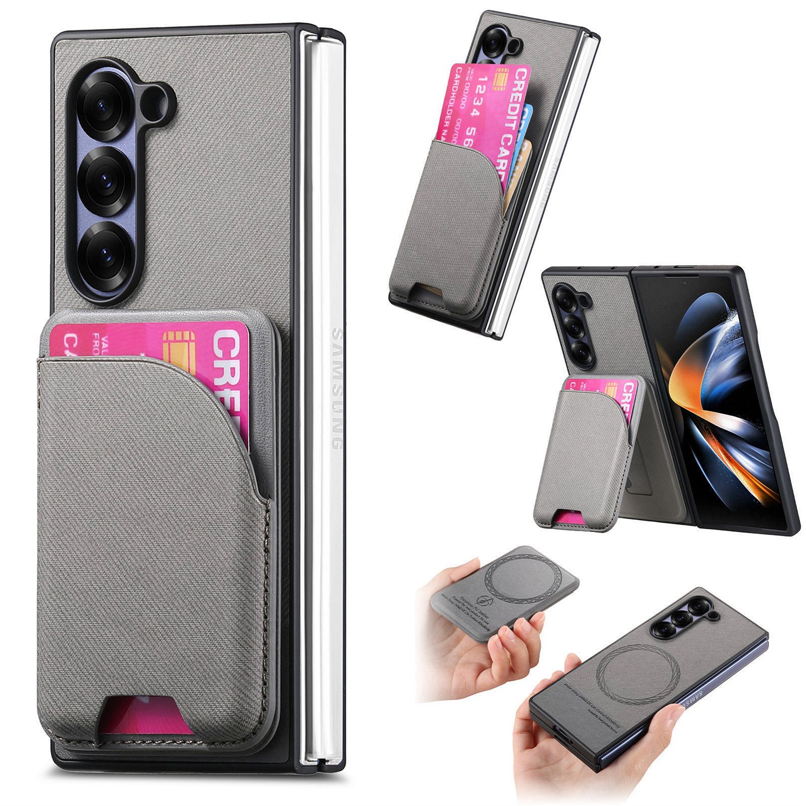Compatible with Samsung Z Fold7/6/5 phone cases, 4/3 magnetic card holder, ring holder, and Honor V5 vegan leather protective case.