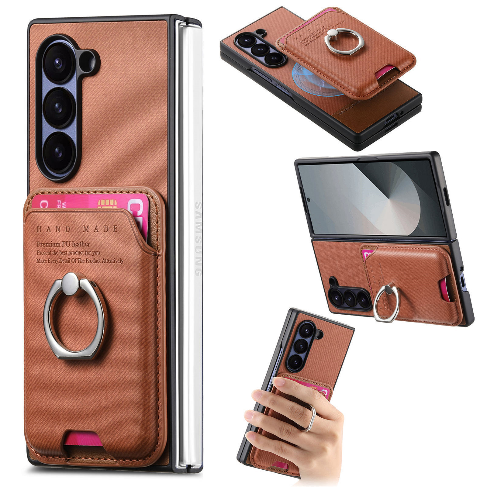 Compatible with Samsung Z Fold7/6/5 phone cases, 4/3 magnetic card holder, ring holder, and Honor V5 vegan leather protective case.