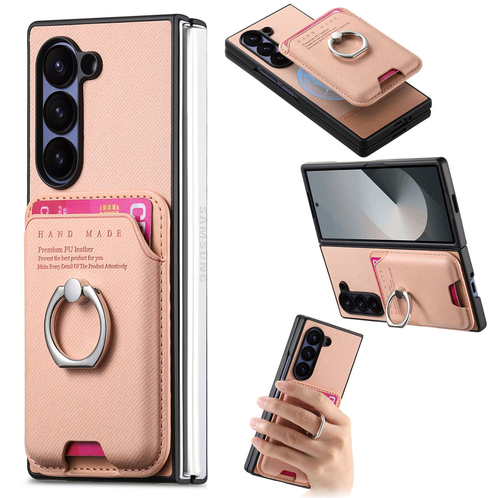Compatible with Samsung Z Fold7/6/5 phone cases, 4/3 magnetic card holder, ring holder, and Honor V5 vegan leather protective case.
