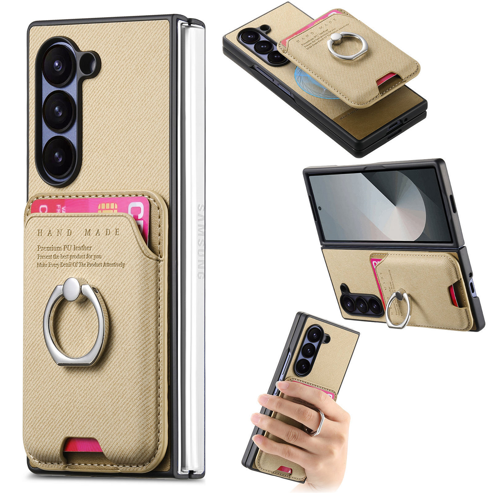 Compatible with Samsung Z Fold7/6/5 phone cases, 4/3 magnetic card holder, ring holder, and Honor V5 vegan leather protective case.