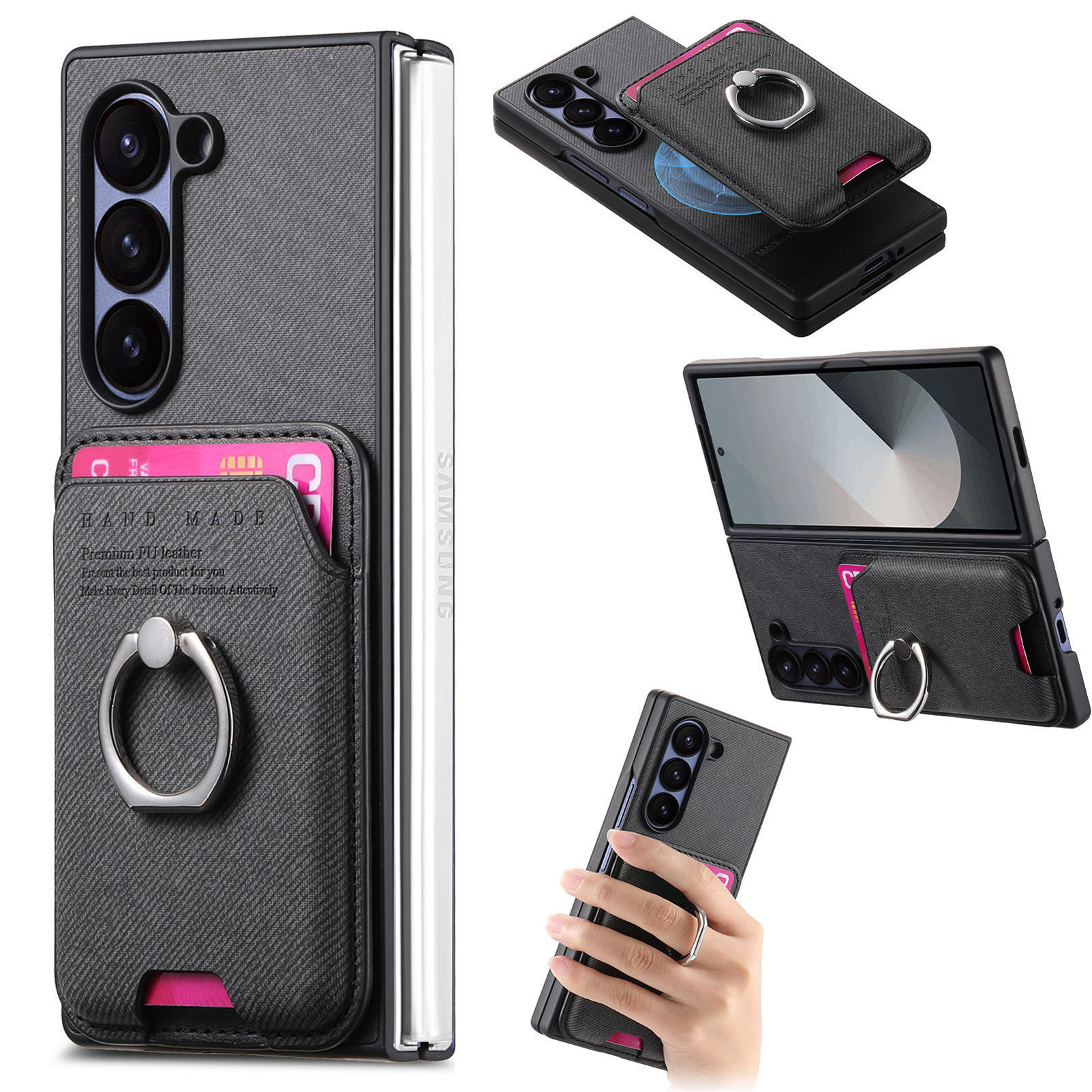 Compatible with Samsung Z Fold7/6/5 phone cases, 4/3 magnetic card holder, ring holder, and Honor V5 vegan leather protective case.