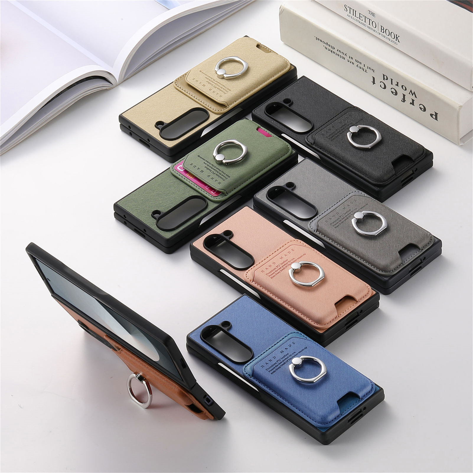Compatible with Samsung Z Fold7/6/5 phone cases, 4/3 magnetic card holder, ring holder, and Honor V5 vegan leather protective case.