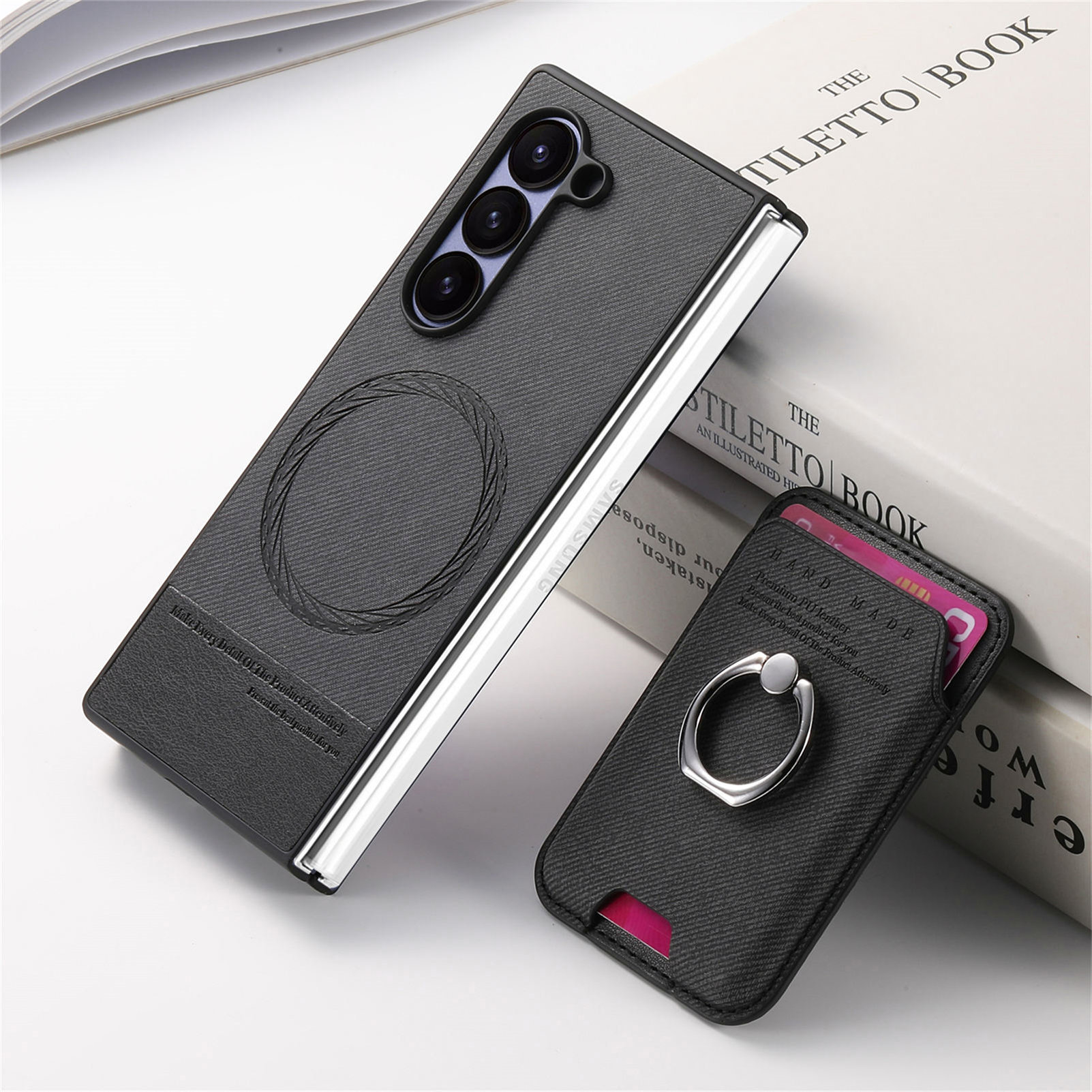 Compatible with Samsung Z Fold7/6/5 phone cases, 4/3 magnetic card holder, ring holder, and Honor V5 vegan leather protective case.