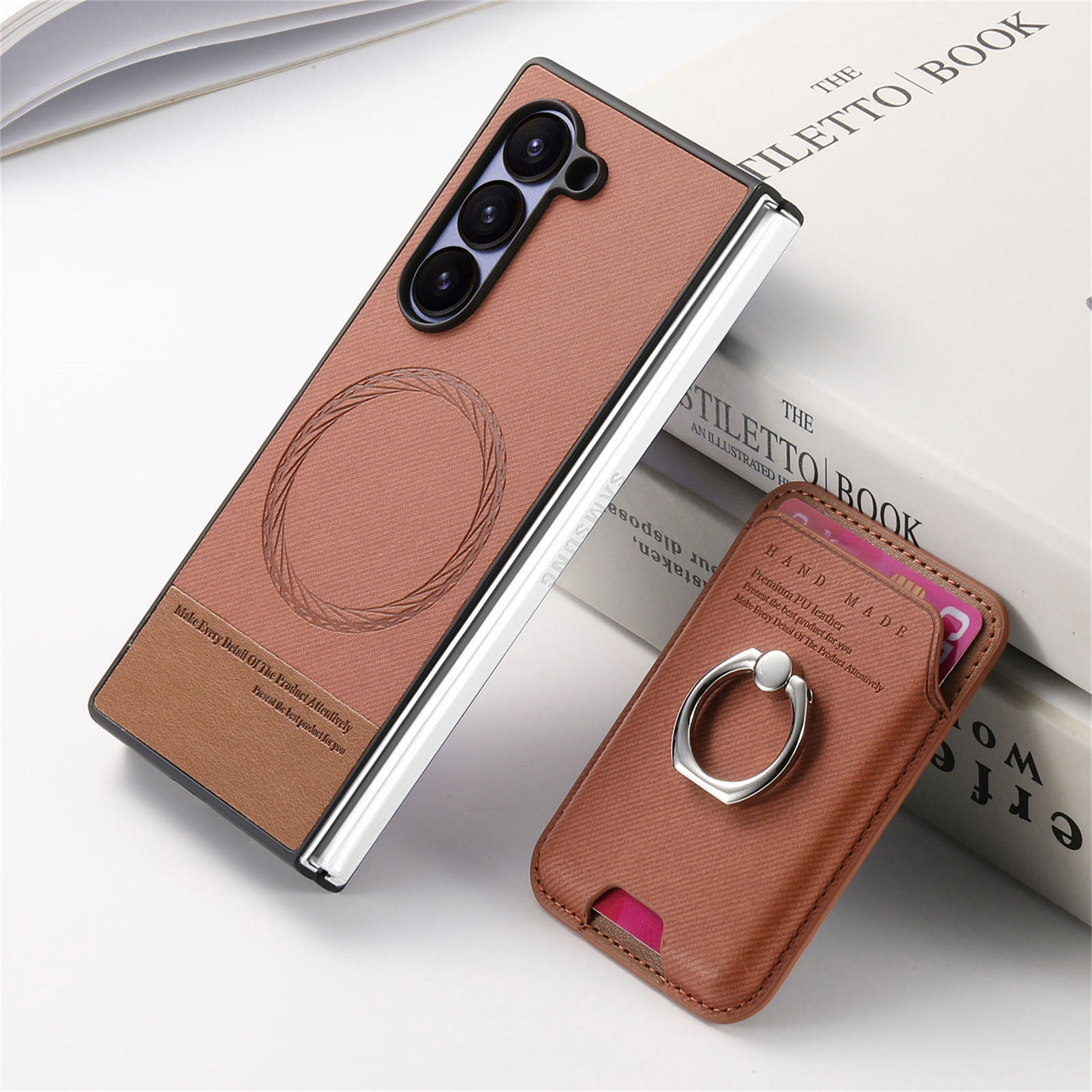 Compatible with Samsung Z Fold7/6/5 phone cases, 4/3 magnetic card holder, ring holder, and Honor V5 vegan leather protective case.