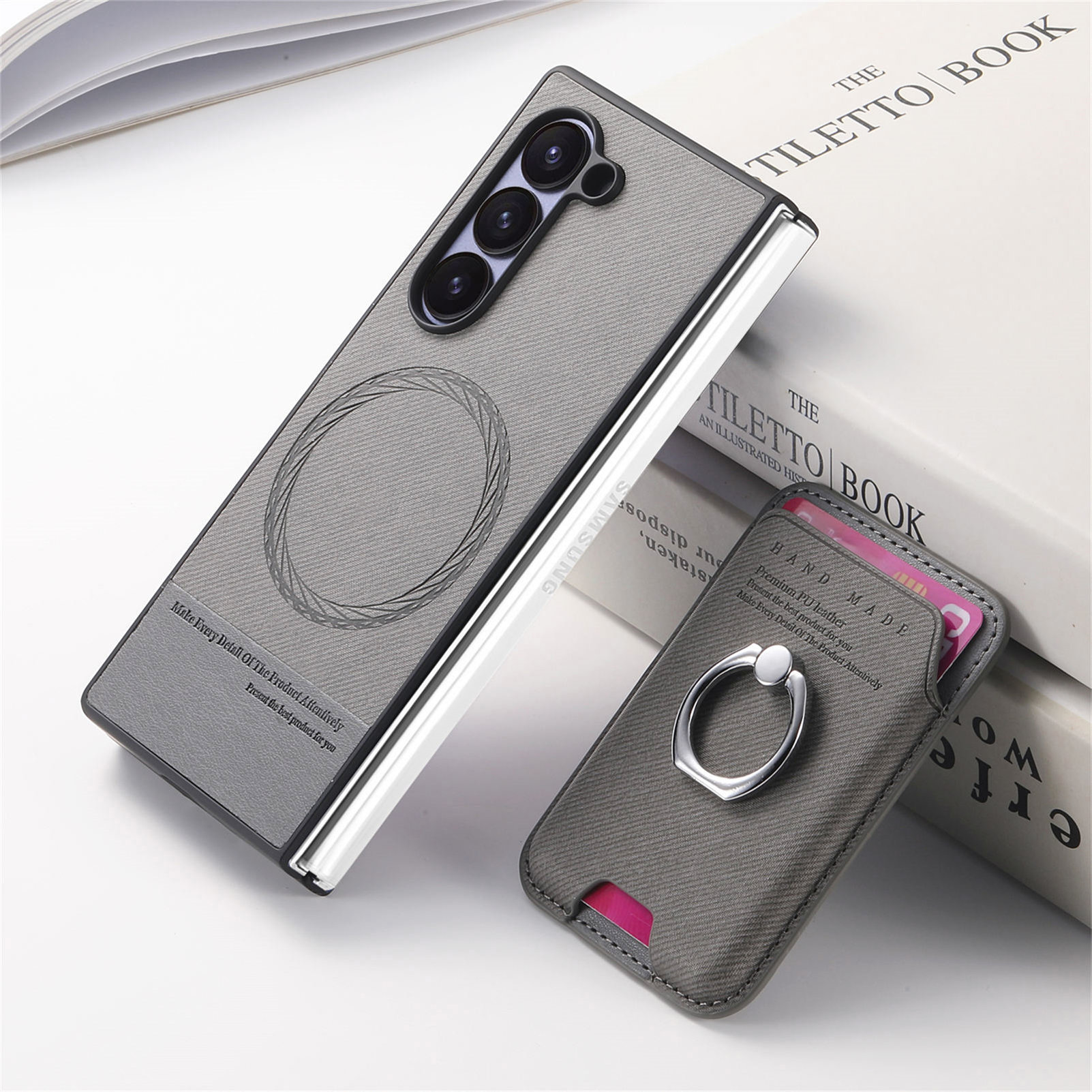 Compatible with Samsung Z Fold7/6/5 phone cases, 4/3 magnetic card holder, ring holder, and Honor V5 vegan leather protective case.