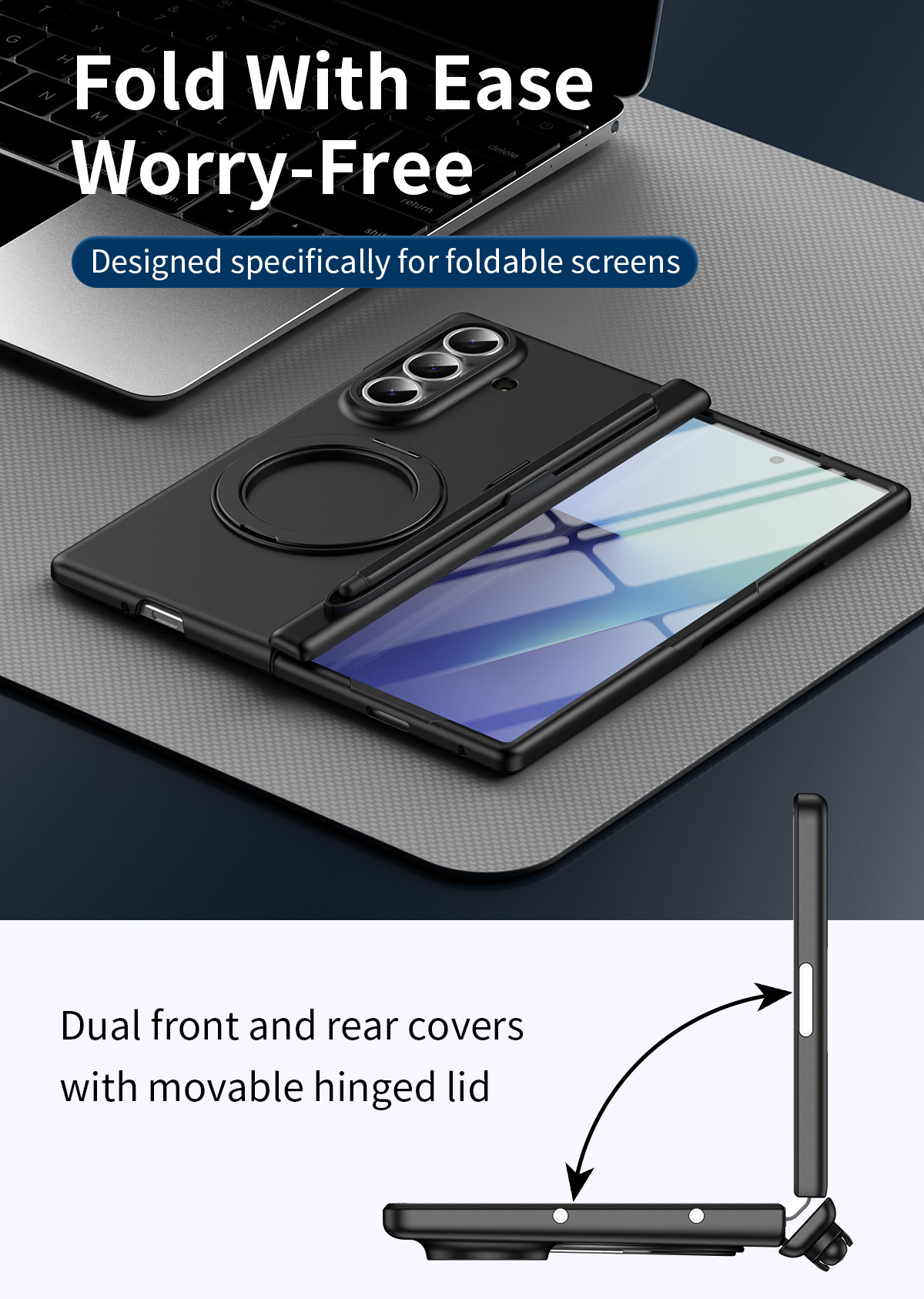Compatible with Samsung Z Fold8/7/6 phone case, magnetic rotating stand with pen, 5/4/3 hinge, full coverage.