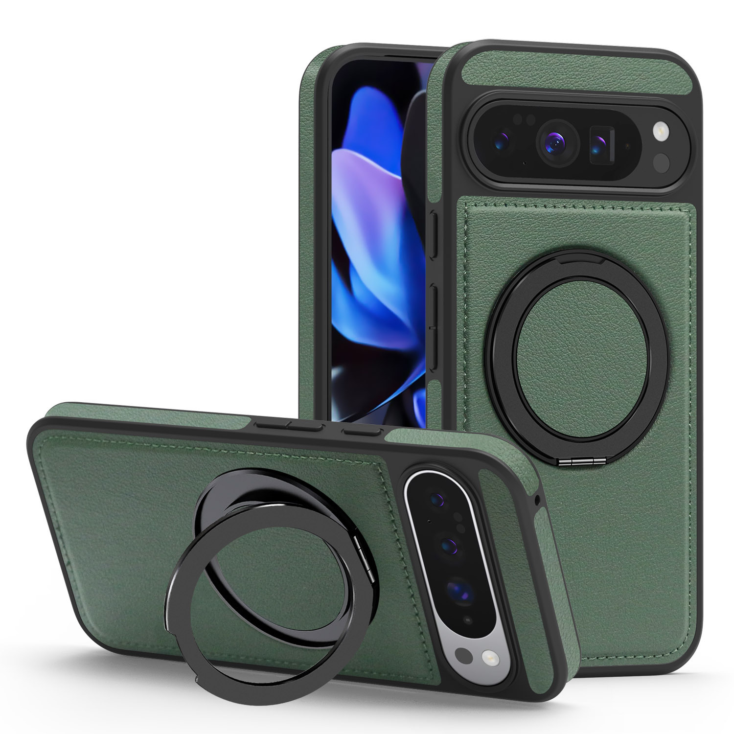 Compatible with Google Pixel 10 phone case, PIXEL 9proXL magnetic rotating stand, textured leather shockproof protective case. - Green - Elegant PIXEL-10A