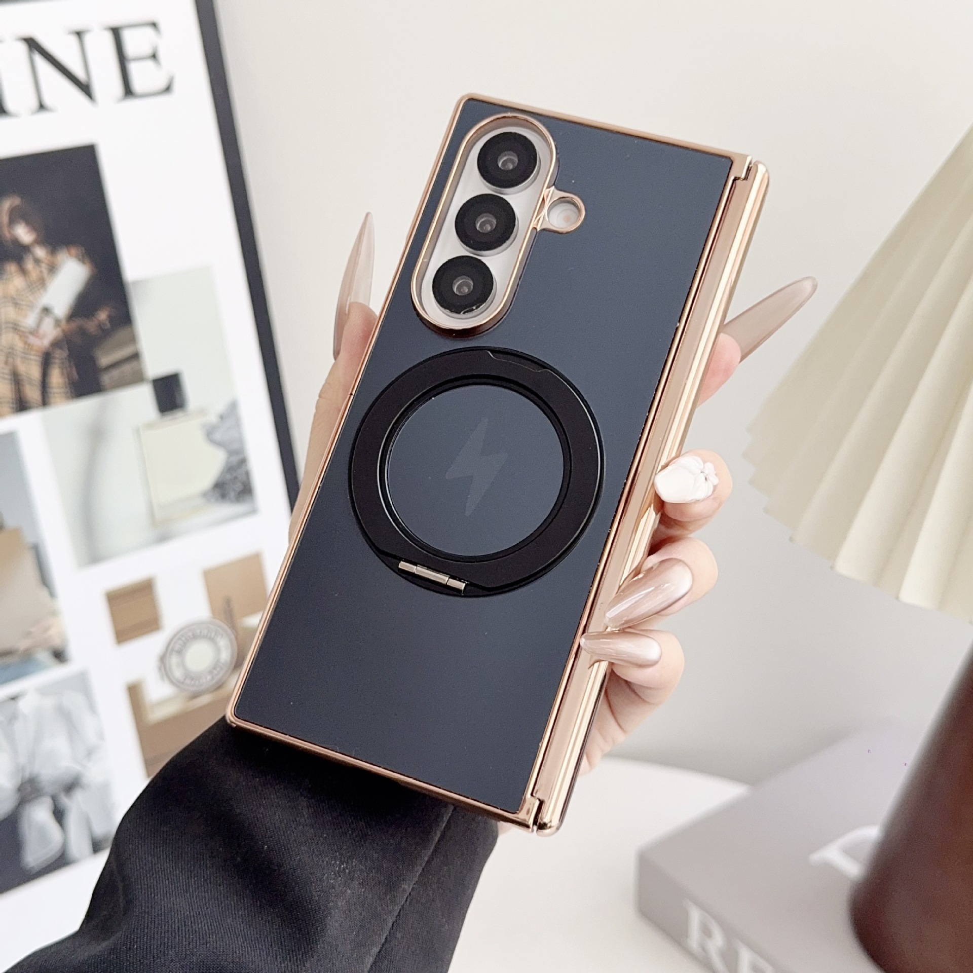 Samsung ZFold8 phone case, 7/6 dual-axis AG electroplated TriFold magnetic rotating stand folding case - Black Z Fold8ultra