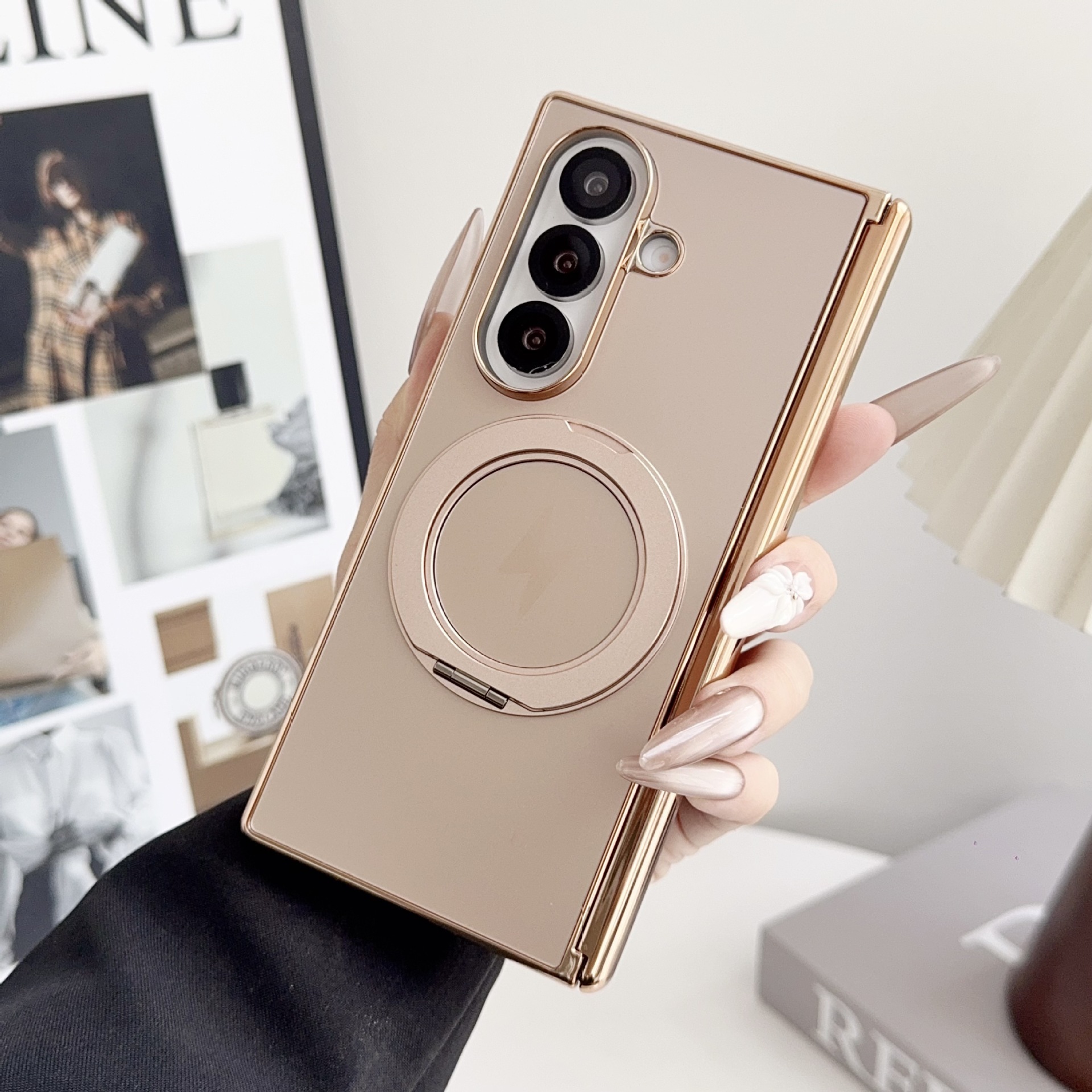 Samsung ZFold8 phone case, 7/6 dual-axis AG electroplated TriFold magnetic rotating stand folding case - Desert Gold Z Fold8ultra