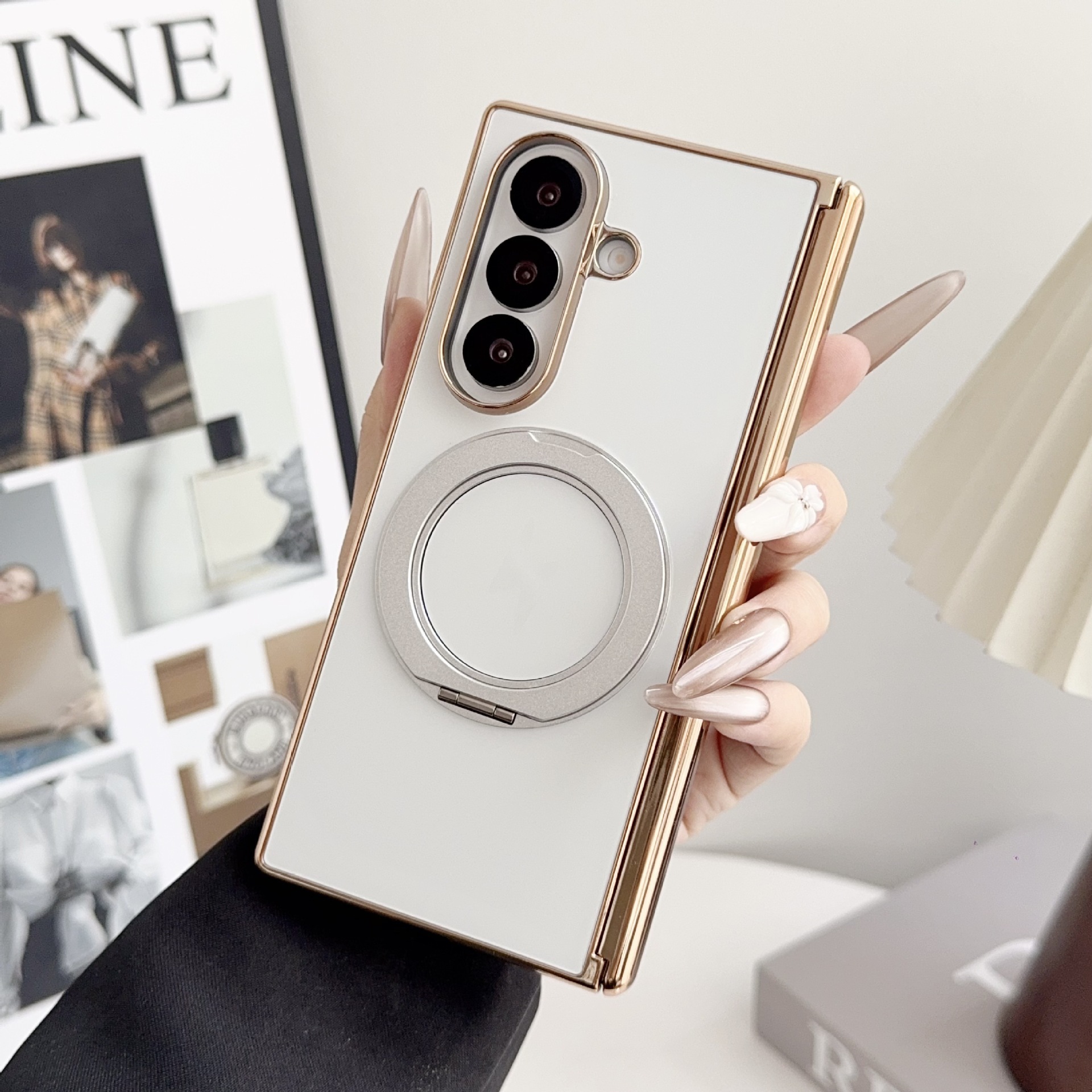 Samsung ZFold8 phone case, 7/6 dual-axis AG electroplated TriFold magnetic rotating stand folding case - Silver White Z Fold8ultra