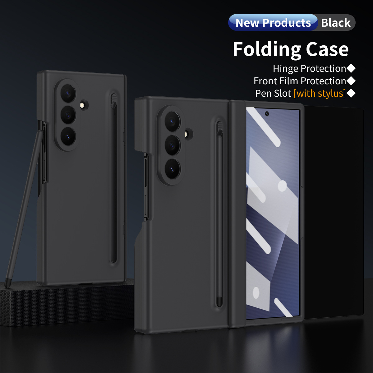 Compatible with Samsung Z TriFold tri-fold phone case, pop-up pen slot, pen case, and screen protector, all in one Fold7 protective case. - Black Samsung-Z TriFold