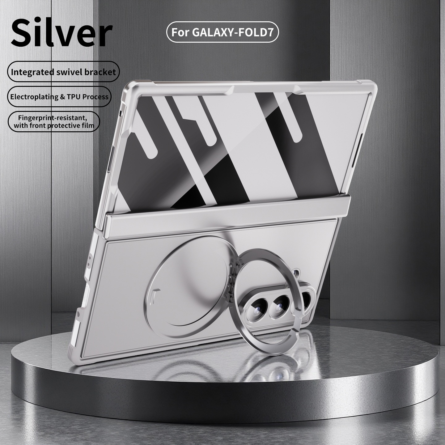 Compatible with Samsung Z Fold8/7 phone case, magnetic charging rotating stand, central axis case, full-coverage drop-proof protective case - Silver-gray [shell] Ghost Samsung-Z Fold8