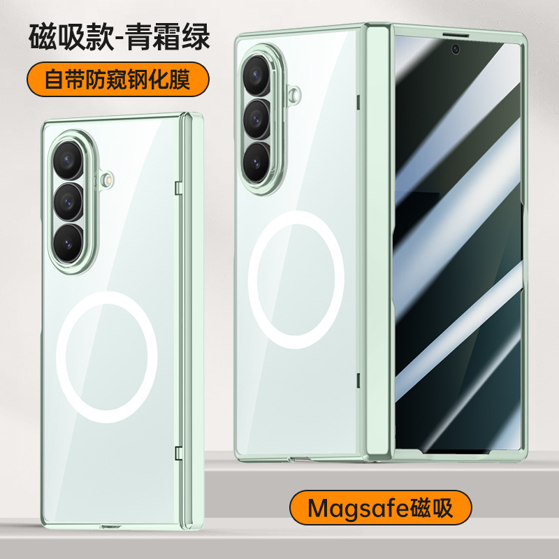Compatible with Samsung Z Fold7 phone case, electroplated transparent, wireless charging, magnetic closure, privacy case, hinge, full coverage, drop protection. - Magnetic coil - green [Privacy protection] Z Fold7