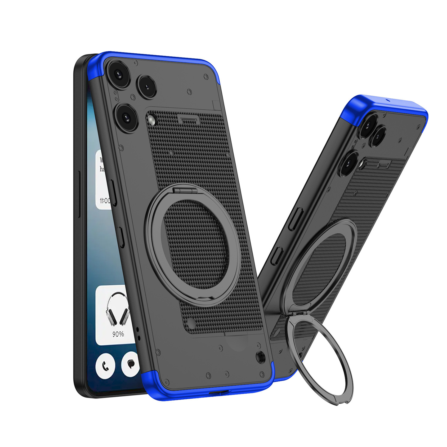 Compatible with Nothing Phone 3 Alite phone case, magnetic rotating stand, 3-section color-blocking protective case - Blue-Black-Blue [3-Section] Rotating Stand NothingPhone-3ALite