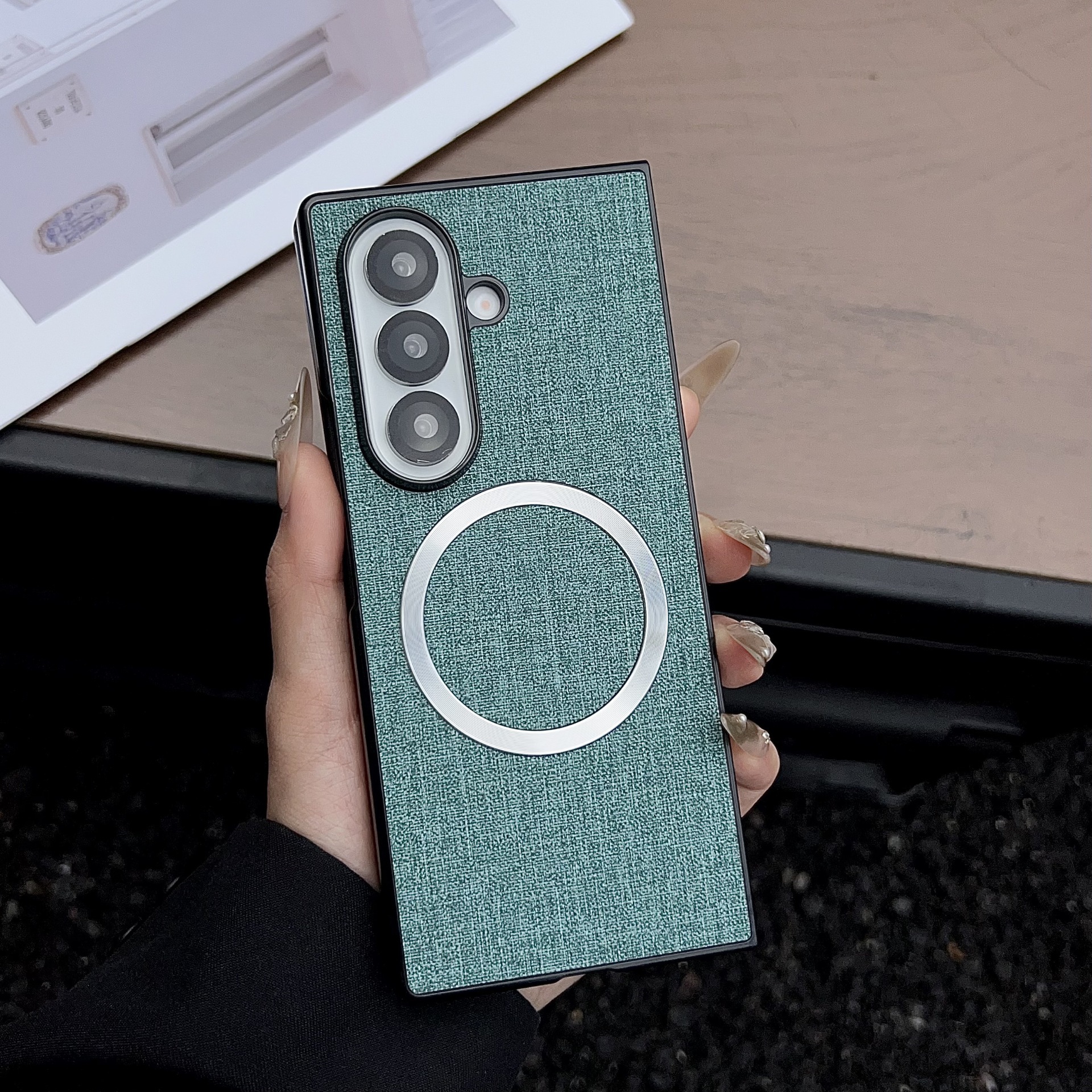 Compatible with Samsung Z Fold7/6 phone case, fabric texture, 5/4/3 foldable screen, wireless charging, magnetic attachment, Flip7 protective case - Light Green Samsung-Z Fold7