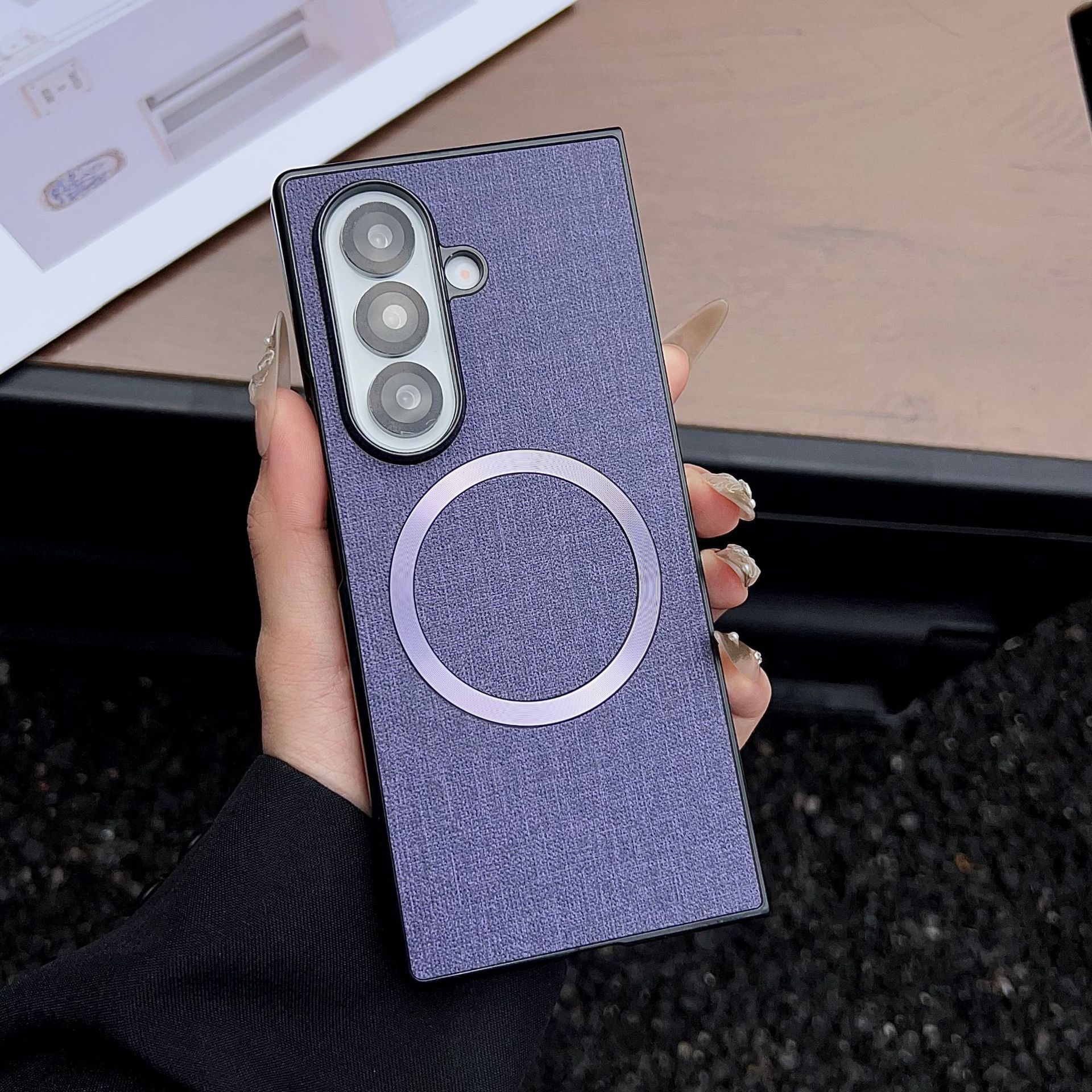 Compatible with Samsung Z Fold7/6 phone case, fabric texture, 5/4/3 foldable screen, wireless charging, magnetic attachment, Flip7 protective case - Purple Samsung-Z Fold7