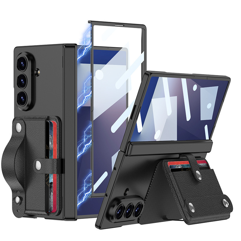 Compatible with Samsung Z Fold7 phone case, card holder, card holder, wrist strap, magnetic hinge, full-coverage protective case - Cool Black Case Cover Card Holder