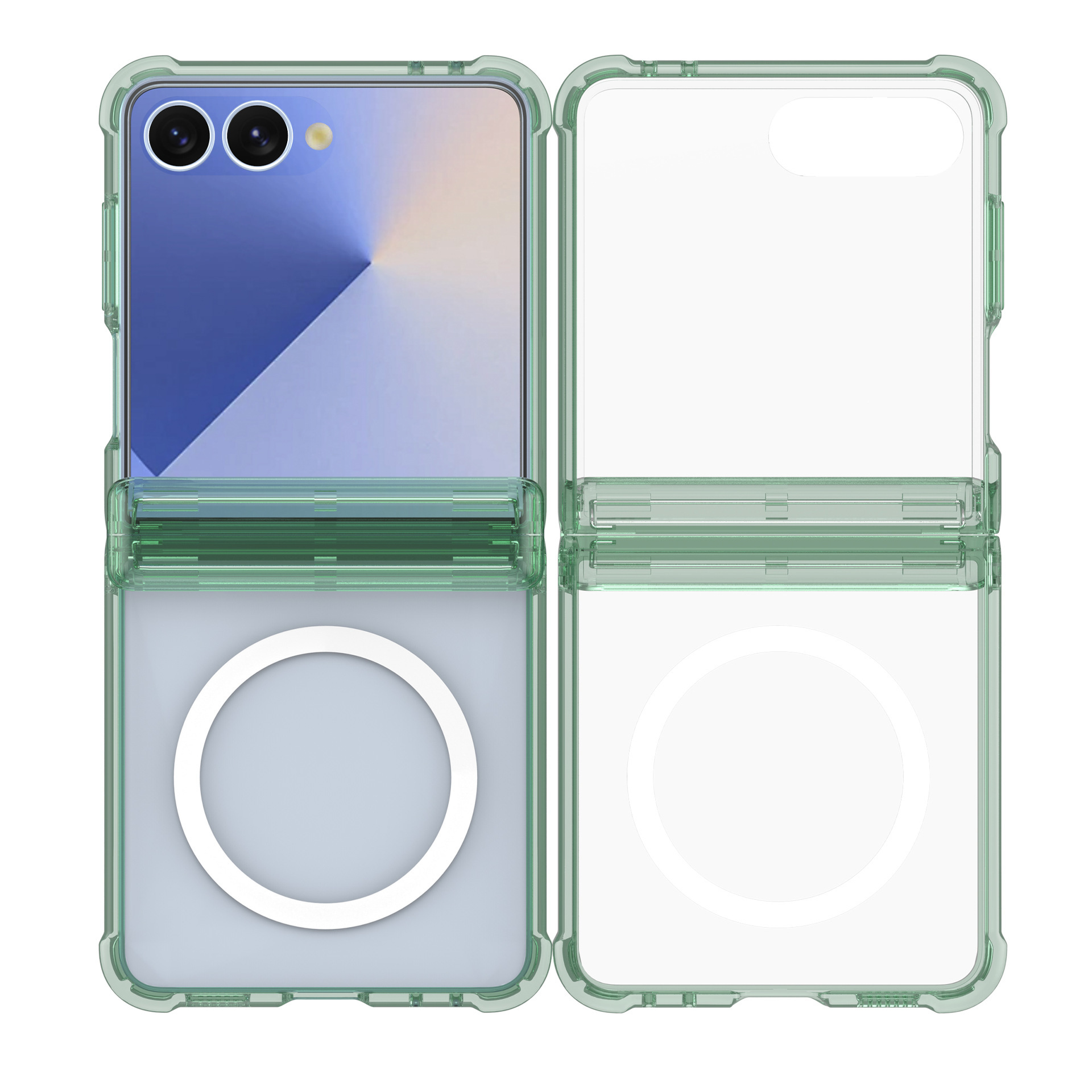 Compatible with Samsung Z Flip7 phone case, wireless charging case, screen protector, central axis Flip6/5 transparent airbag drop protection case - Translucent Green [Built-in Magnet] Airbag Central Axis Samsung Z Flip7 [Integrated Case and Screen Protector]