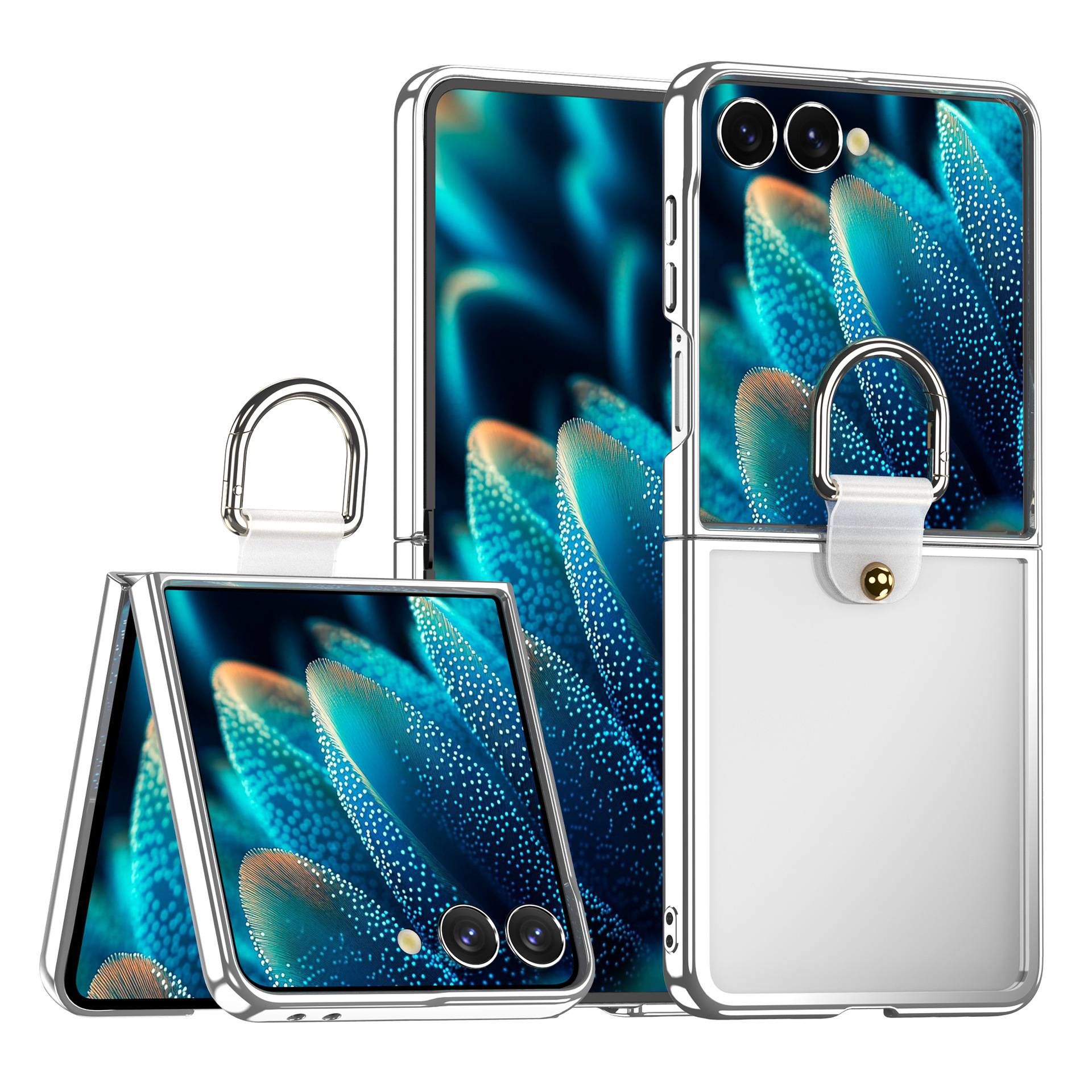 Compatible with Samsung Z Flip7 phone case 6/5 transparent electroplated wireless charging magnetic rotating stand ring protector - Silver [Standard] Electric Armor 3-Star - Z Flip7