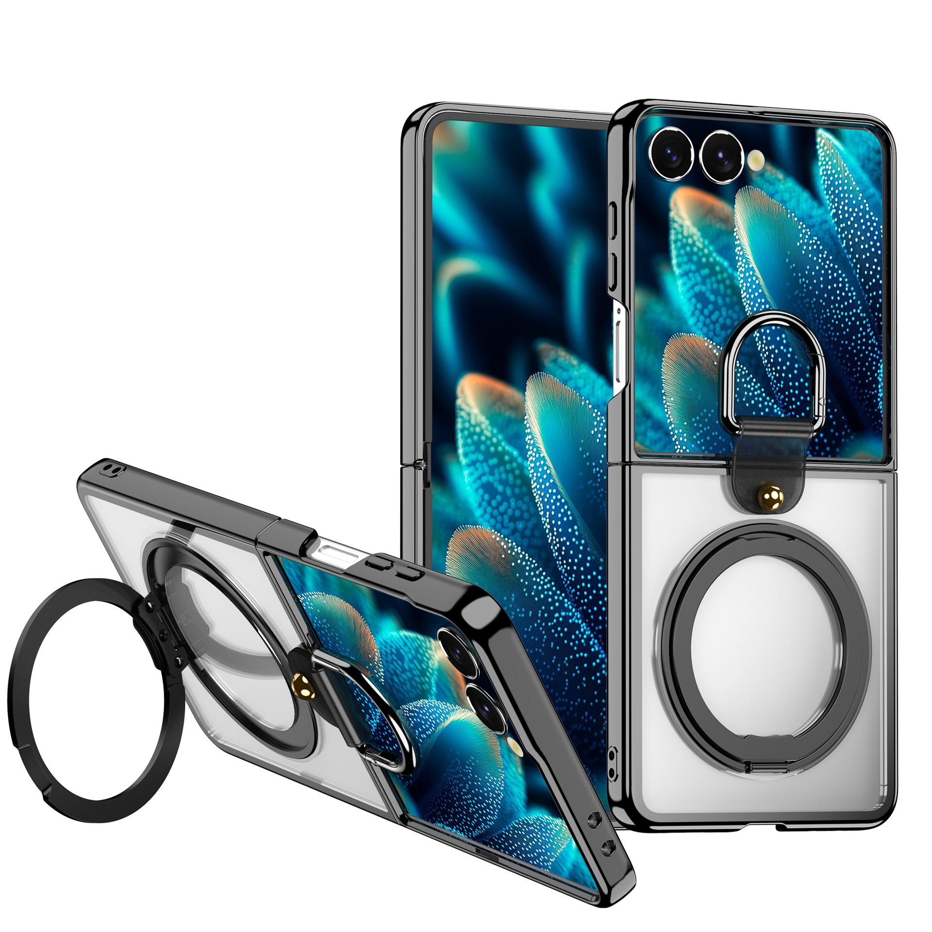 Compatible with Samsung Z Flip7 phone case 6/5 transparent electroplated wireless charging magnetic rotating stand ring protector - Black [360 Stand Version] Electric Armor Samsung-Z Flip7