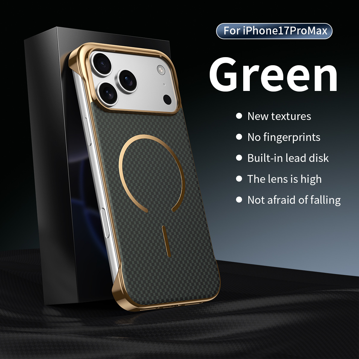 Compatible with Apple iPhone 17 Pro Max, wireless charging, 16 Pro, frameless, 15-inch electroplated ultra-thin skin-feel protective case - Green [Borderless] Kevlar IP-17promax