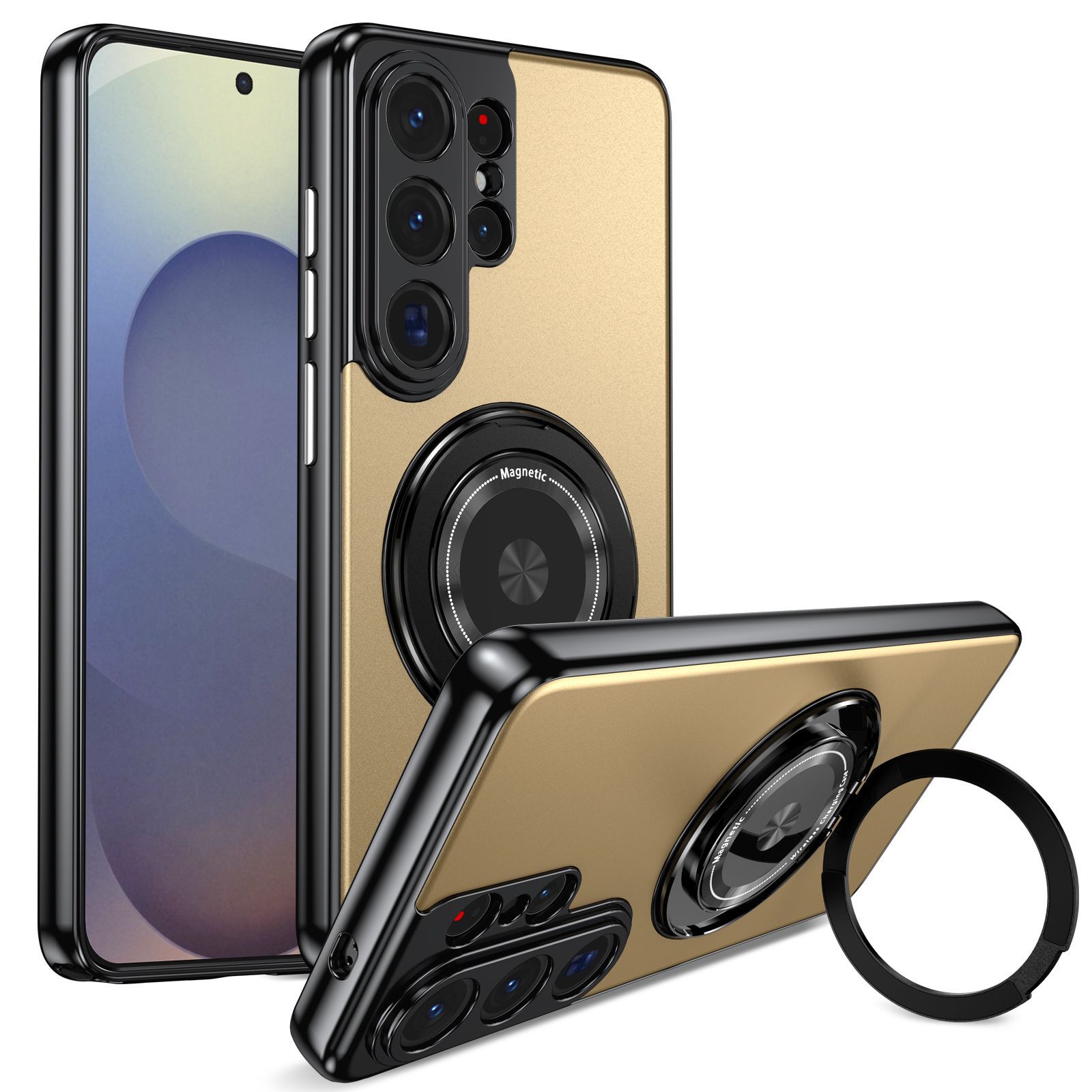 Compatible with Samsung S26 Ultra phone case, magnetic 360° rotating stand, S26 Plus full-coverage drop-proof protective case - Gold Medal S26Ultra