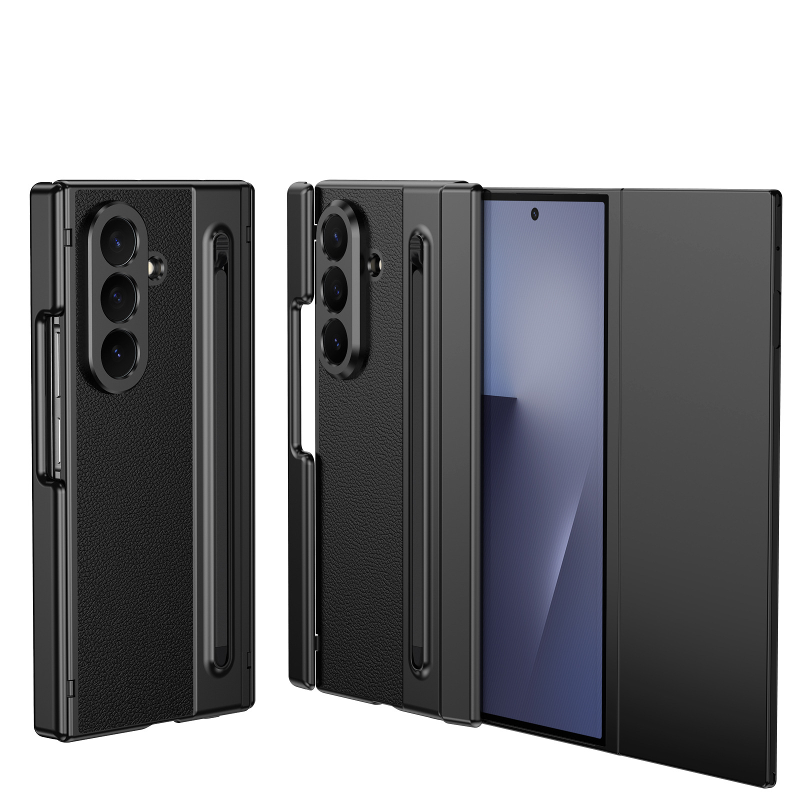 Compatible with Samsung Z TriFold phone case, dual-axis hinge, spring-loaded pen slot, tri-fold shockproof protective case. - Black with tempered glass screen protector [Golden Armor Pen Slot] Samsung-Z TriFold