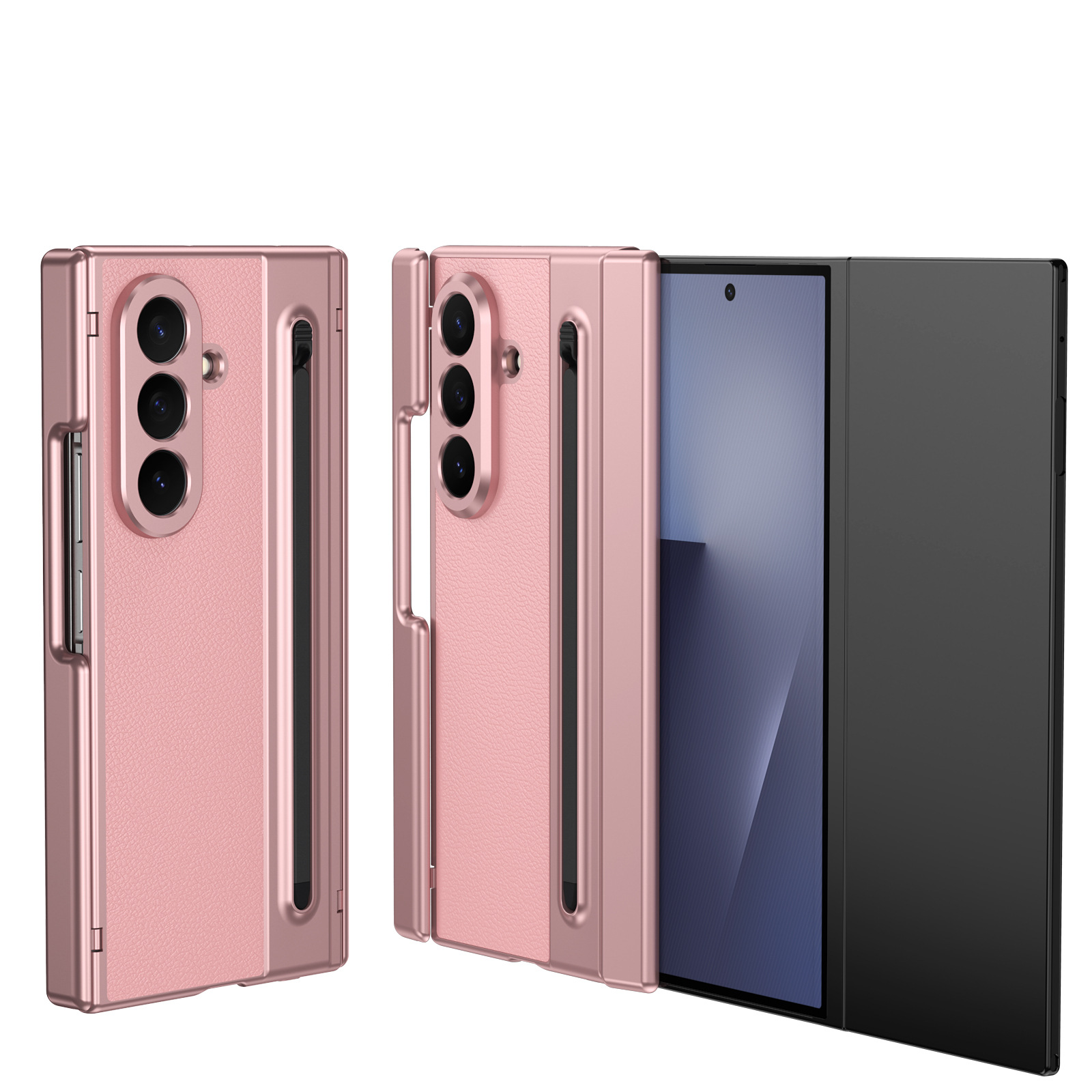 Compatible with Samsung Z TriFold phone case, dual-axis hinge, spring-loaded pen slot, tri-fold shockproof protective case. - Pink tempered glass screen protector with gold-plated pen slot Samsung-Z TriFold