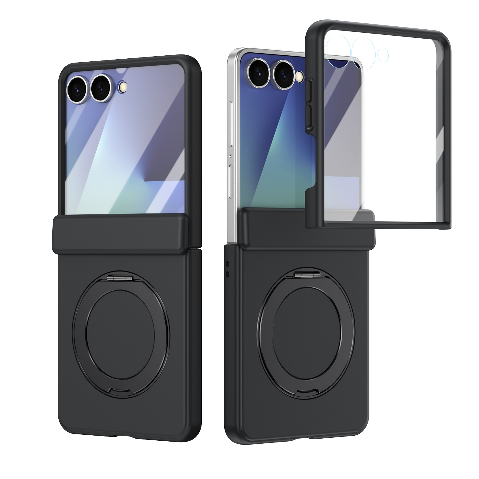 Compatible with Samsung Z Flip 8/7 phone case, 6/5 wireless charging, magnetic 360° rotating stand, case, screen protector, hinge, full coverage. - Black [Casing] Golden Gloss Samsung Z Flip8