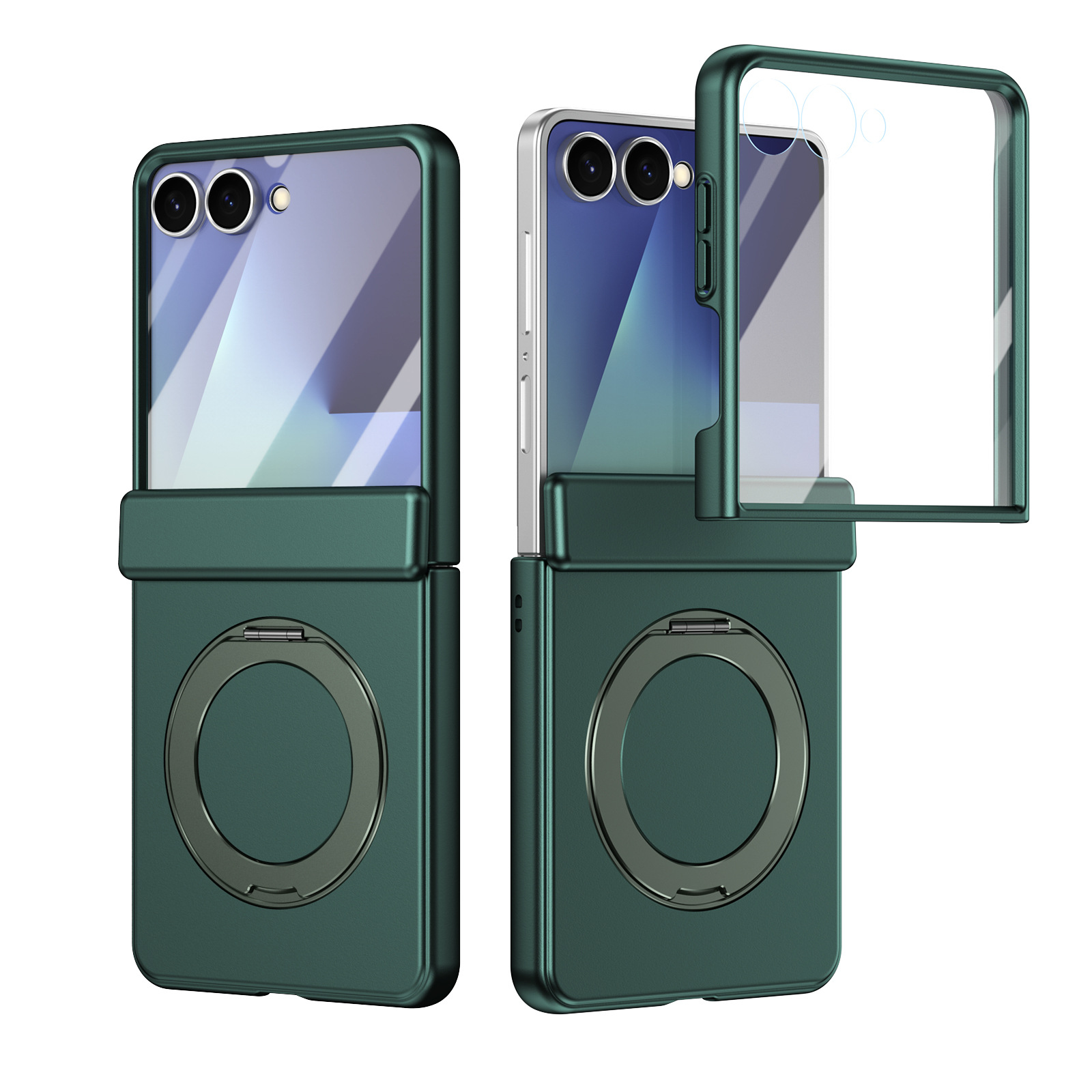 Compatible with Samsung Z Flip 8/7 phone case, 6/5 wireless charging, magnetic 360° rotating stand, case, screen protector, hinge, full coverage. - Green [Cover] Golden Gloss Samsung Z Flip8