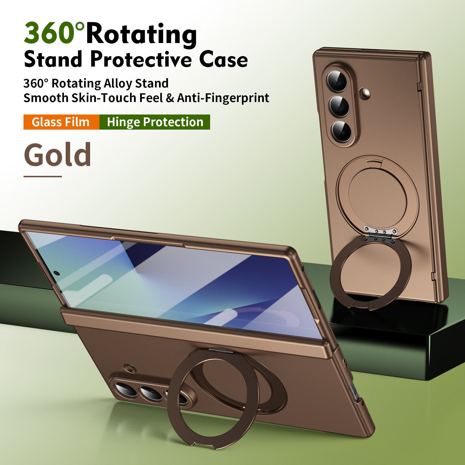 Compatible with Samsung Fold8/7 phone case, 6/5 wireless charging, magnetic swiveling stand, case film, hinge, full-coverage protective case. - Gold-colored protective film Samsung Z Fold8U Standard Edition