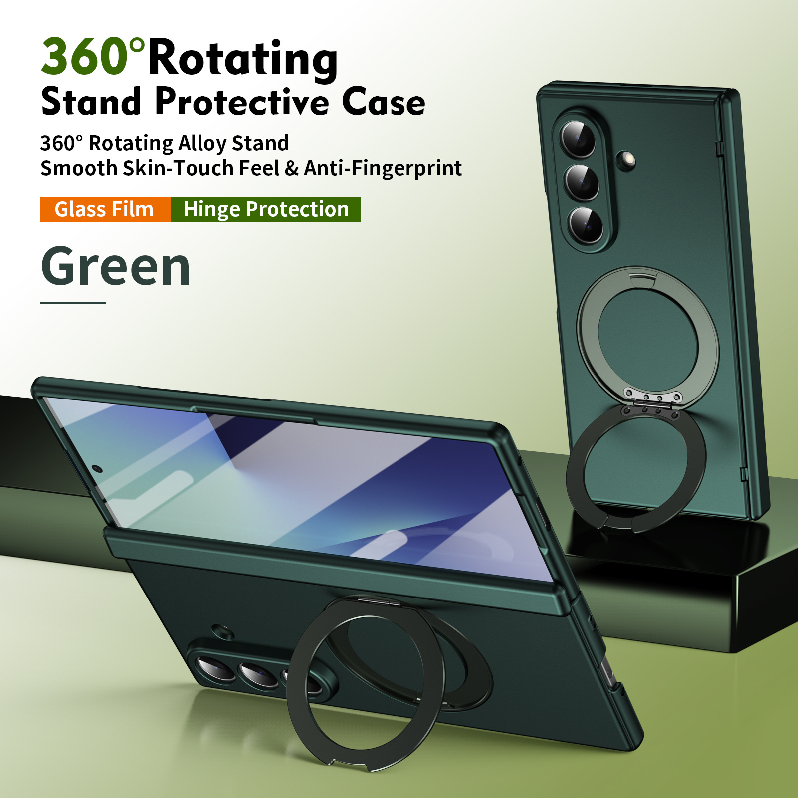Compatible with Samsung Fold8/7 phone case, 6/5 wireless charging, magnetic swiveling stand, case film, hinge, full-coverage protective case. - Green [Casing Cover] Golden Gloss Samsung-Z Fold8U [Standard Edition]