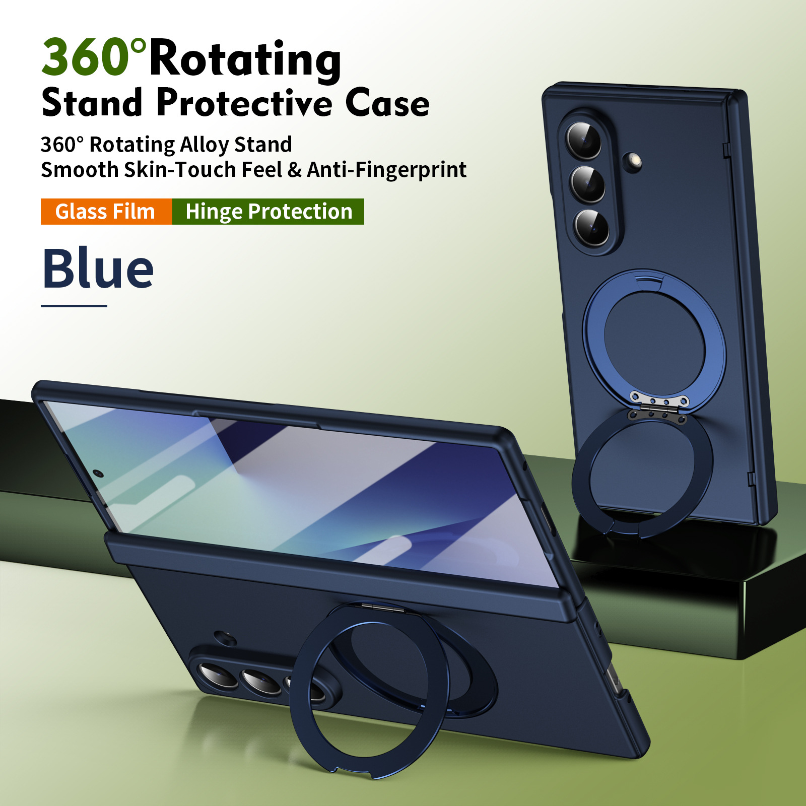 Compatible with Samsung Fold8/7 phone case, 6/5 wireless charging, magnetic swiveling stand, case film, hinge, full-coverage protective case. - Blue [Casing Cover] Golden Gloss Samsung-Z Fold8U [Standard Edition]