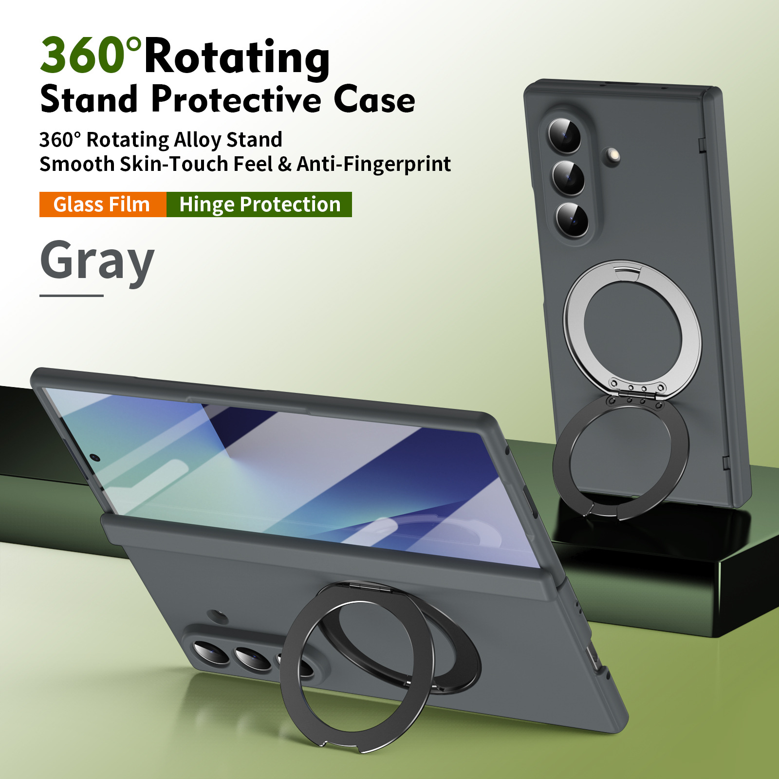 Compatible with Samsung Fold8/7 phone case, 6/5 wireless charging, magnetic swiveling stand, case film, hinge, full-coverage protective case. - Gray [Casing Cover] Golden Gloss