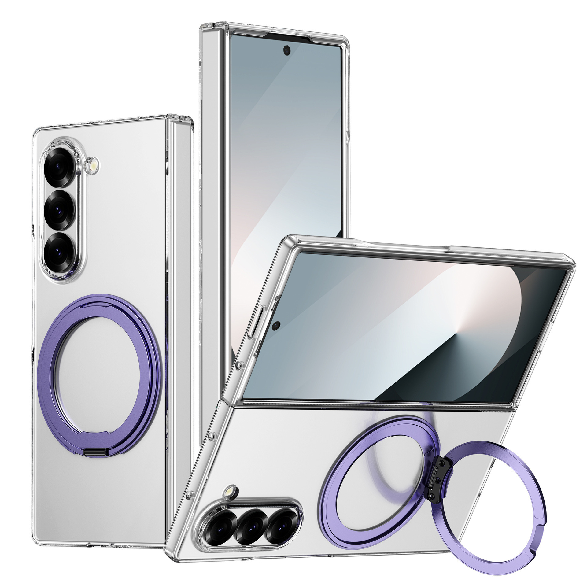 Compatible with Samsung Z Fold 8/7 transparent phone case 6/5/4 magnetic rotating ring holder drop protection case - Purple 360 Stand Samsung Z Fold8