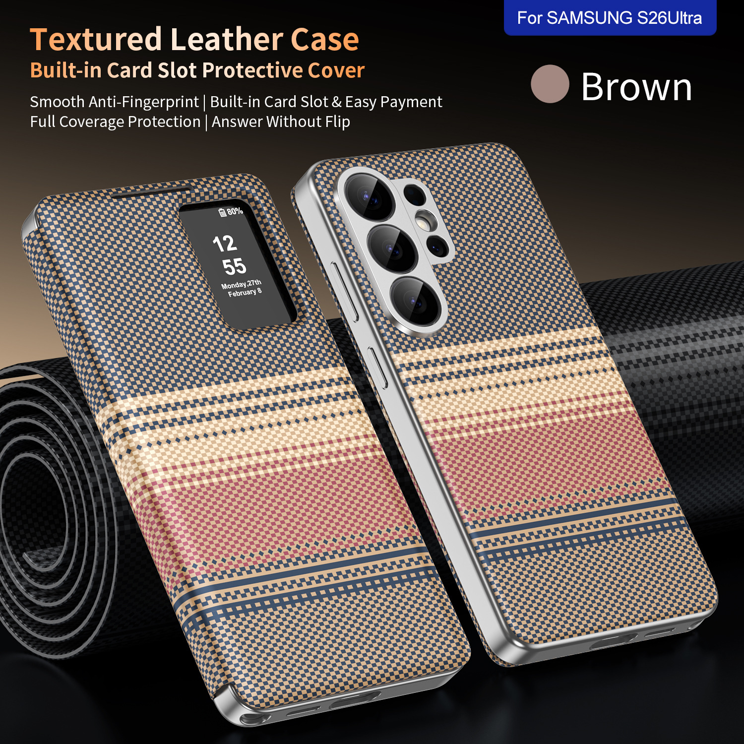 Compatible with Samsung S26 Ultra phone case A57, Smart Window S25P, SIM card slot S24U, vegan leather flip case A36 - Beige-brown plaid [Illusory Pattern] S26Ultra