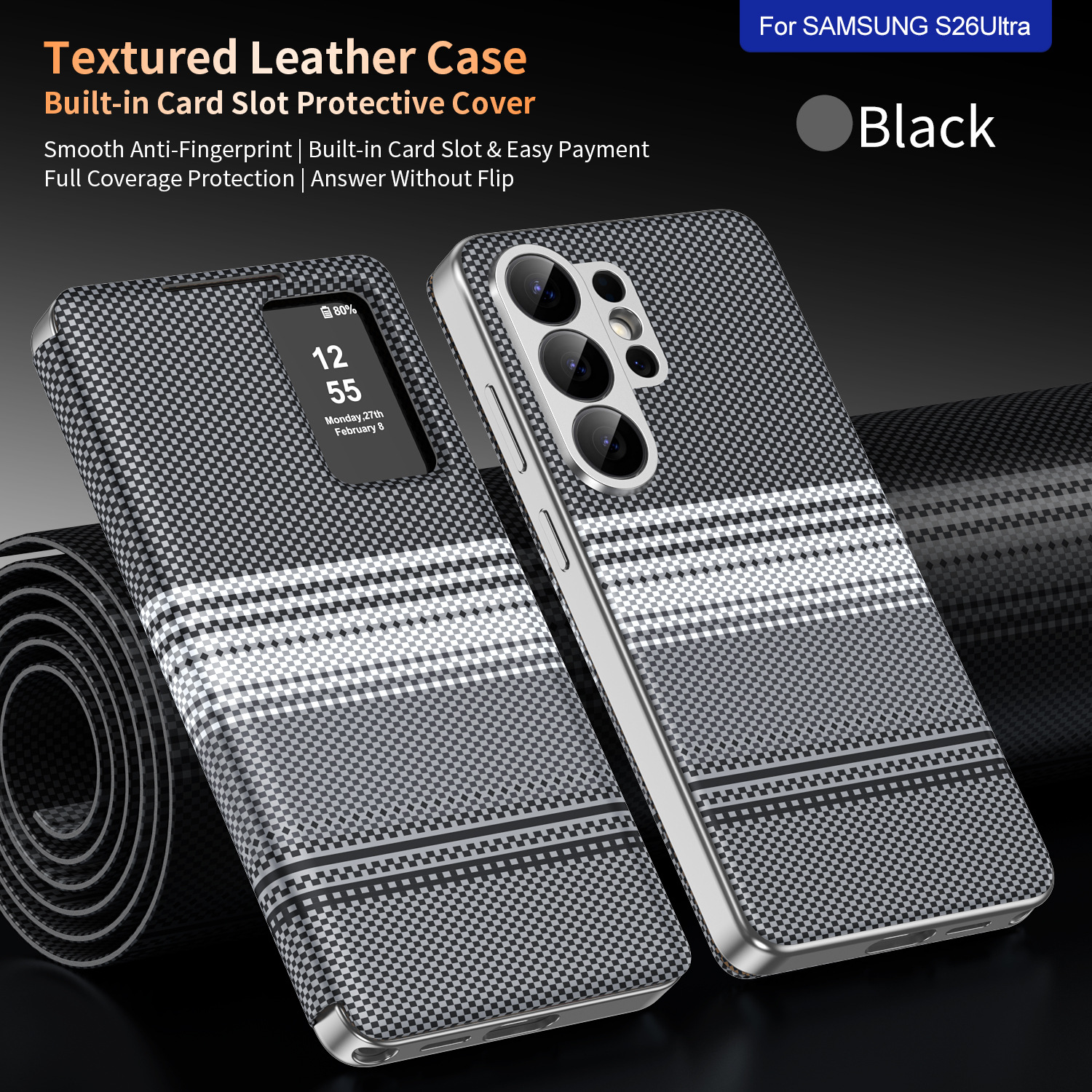 Compatible with Samsung S26 Ultra phone case A57, Smart Window S25P, SIM card slot S24U, vegan leather flip case A36 - Black【Episode】 S26Ultra